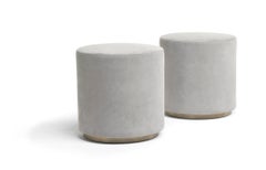 MORRIS Round Gray Upholstered Stool in Nabuk Leather with Brass Base