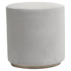 MORRIS Round Gray Upholstered Stool in Nabuk Leather with Brass Base