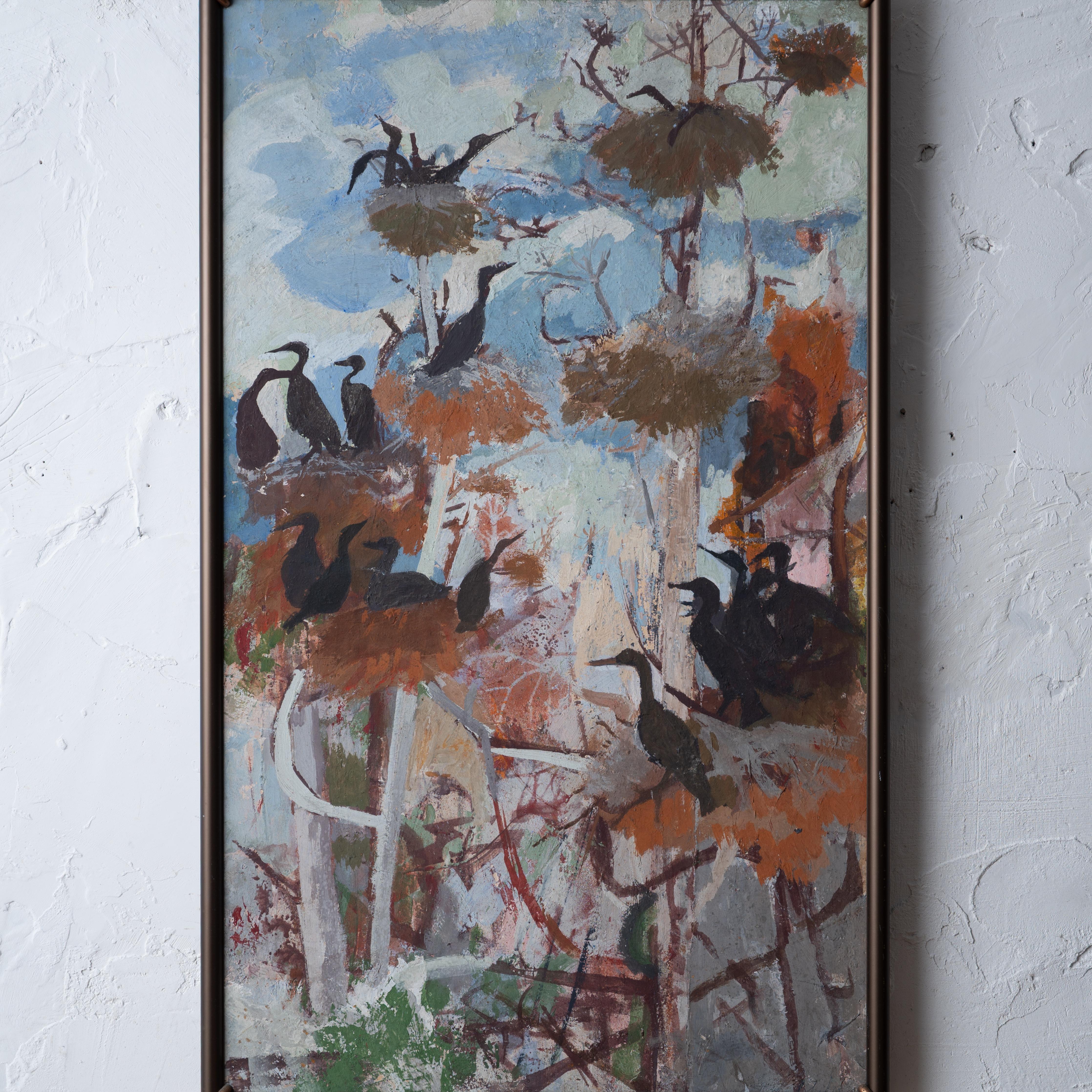 Morris Shulman - Nesting Cormorants Painting, c.1950 In Good Condition For Sale In Savannah, GA