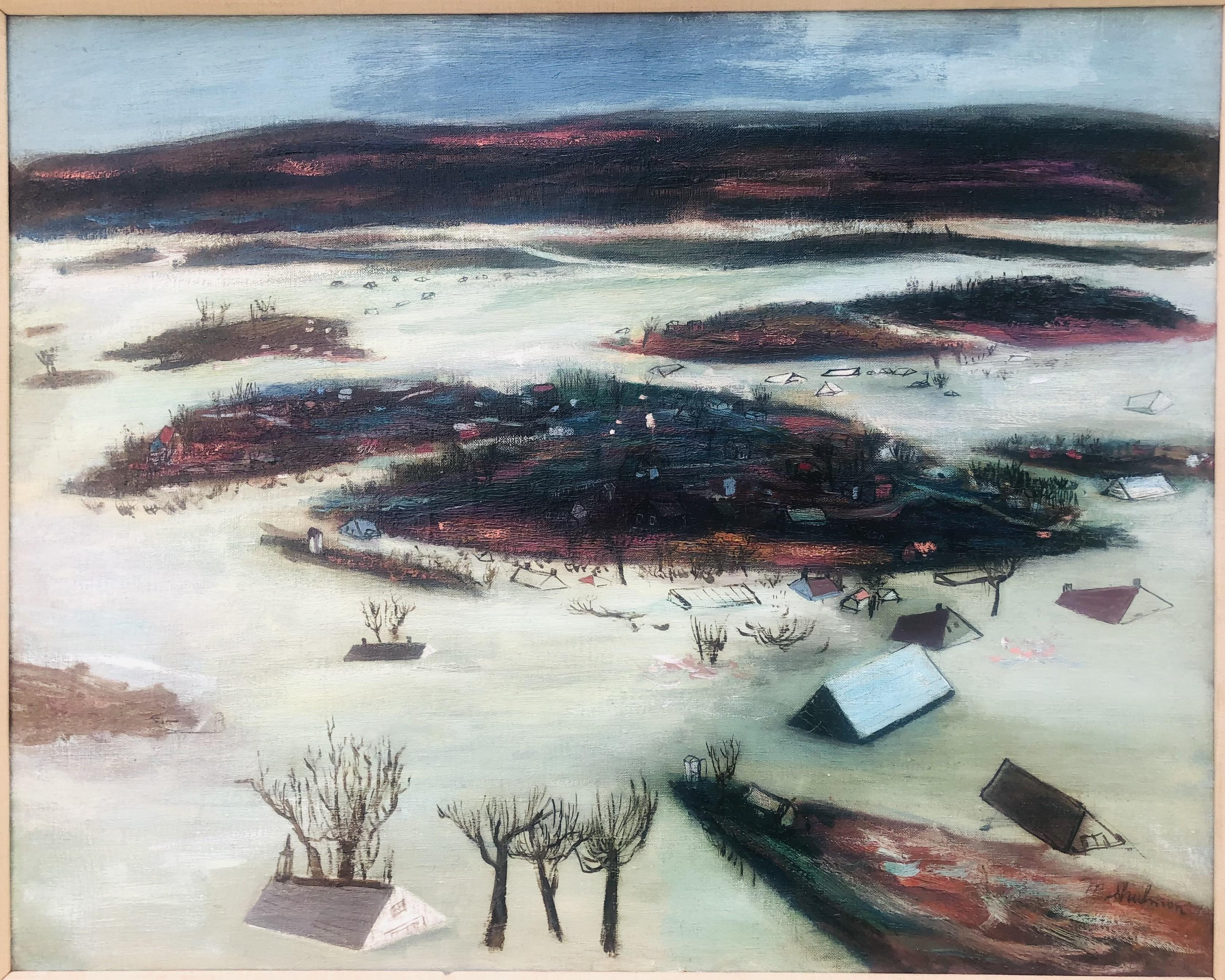 Peinture exposée de l'école WPA, SPRING FLOOD de Morris Shulman, 1940 en vente 1