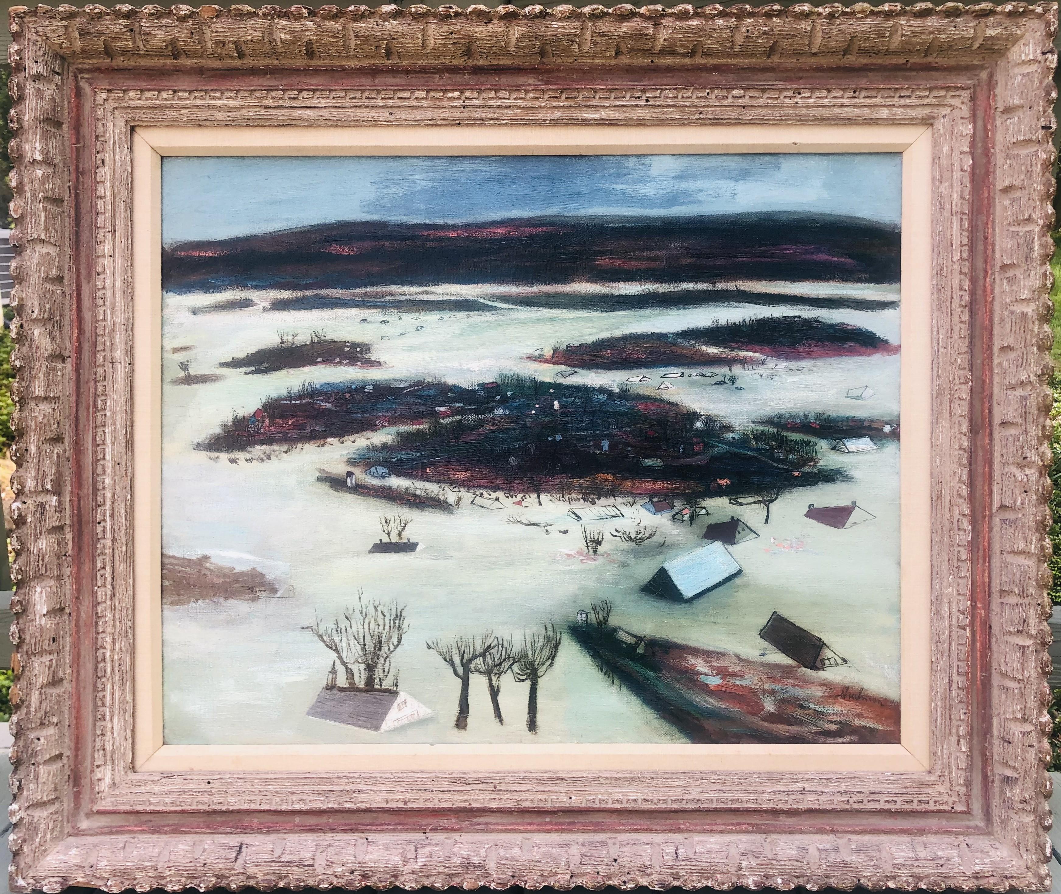 Belle peinture de Morris Shulman datant de l'époque de la WPA. La peinture est une huile sur toile mesurant 24" x 30". Signé M-One et daté '40 en bas à droite.  Titré au verso "Spring Flood" (inondation printanière).  Shulman a réalisé un certain