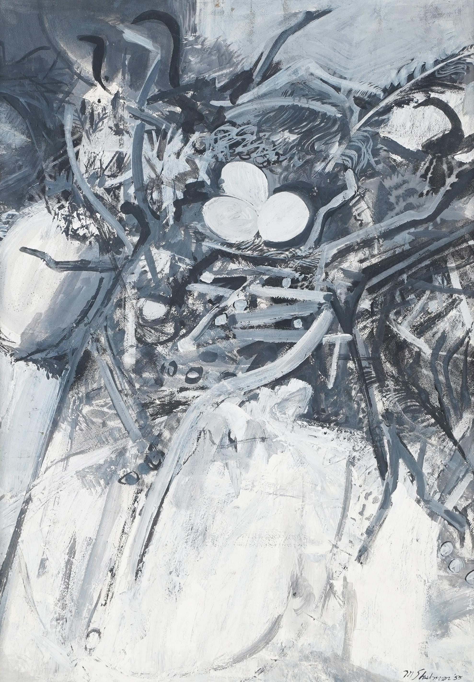 Óleo modernista americano vintage de Morris M. Shulman (1912 - 1978). Óleo sobre tabla, hacia 1955.  Alojada en un marco de época.   Firmado.  Tamaño de la imagen, 28 por 20.