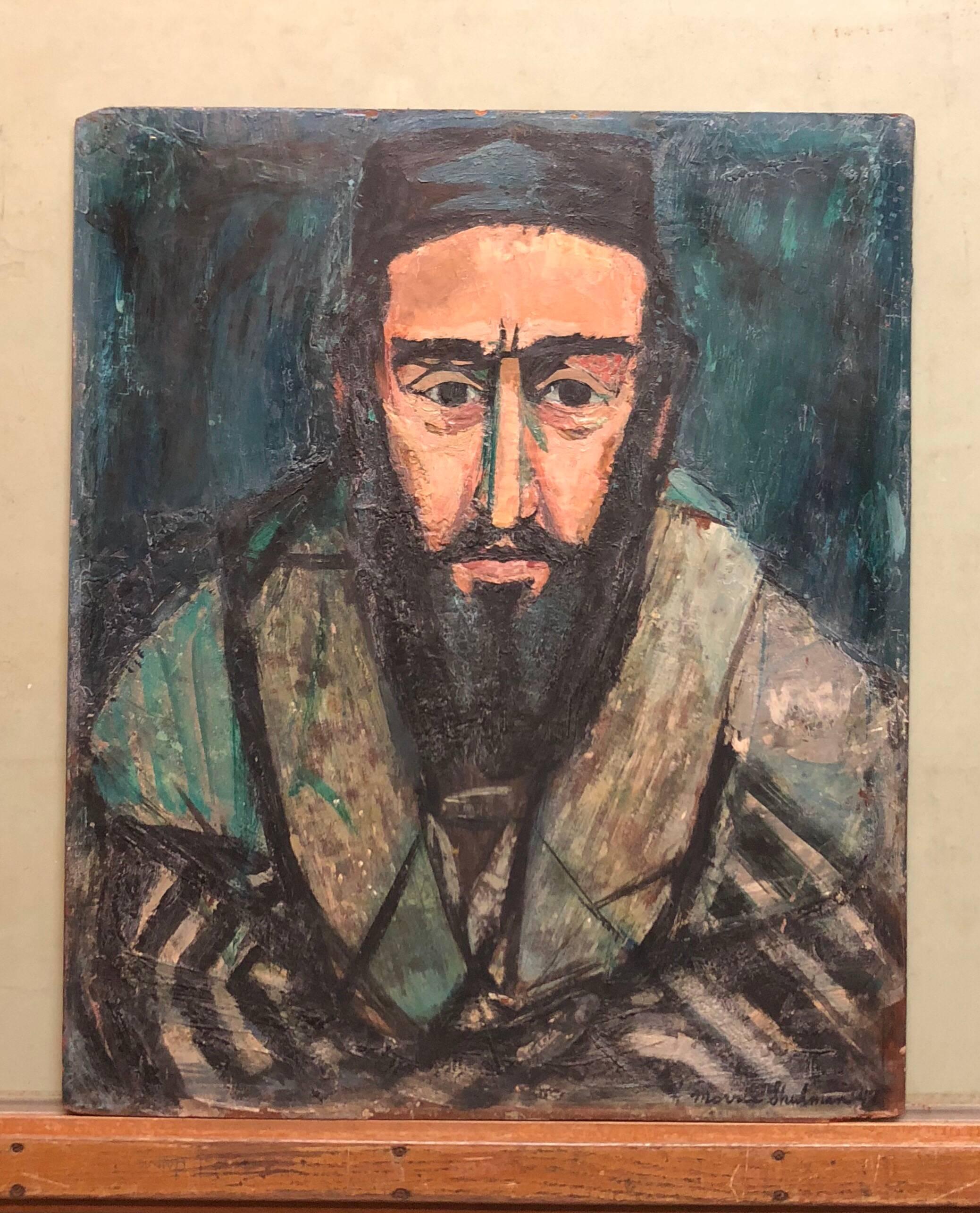 Judaica Rabbi Portrait Oil Painting American WPA Abstract Expressionist Artist - Gray Portrait Painting by Morris Shulman