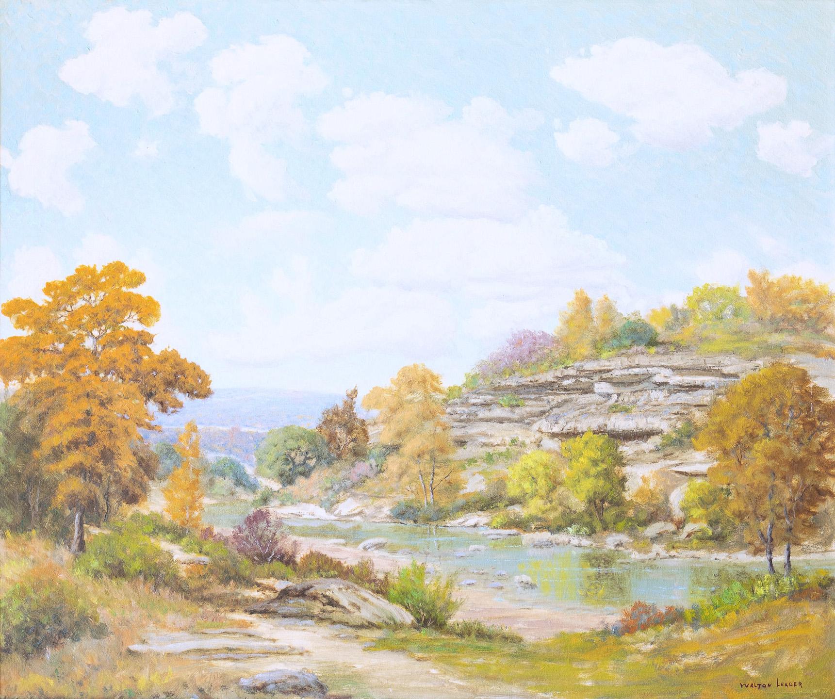 Morris Walton Leader Landscape Painting - "Bluff on the Creek" Rocky Texas Fall Landscape