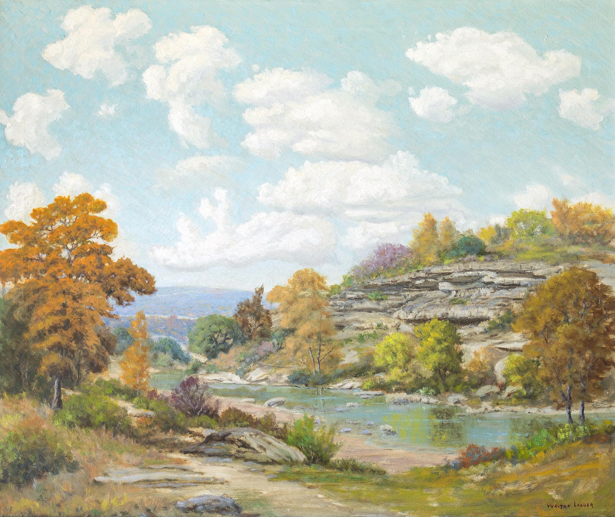 Landscape Painting di Morris Walton Leader - "Bluff on the Creek" Paesaggio autunnale roccioso del Texas