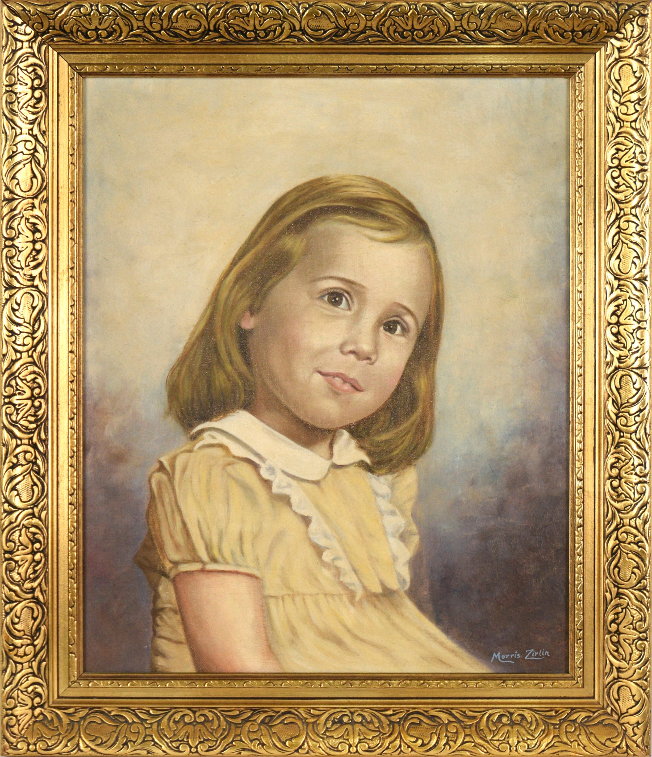 Portrait Painting di Morris Zirlin - "Joni" - Ritratto di ragazza in abito giallo in stile Mid Century Modern realizzato con olio su tela