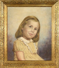 Retro "Joni" - Mid Century Modern Portrait of a Girl in Yellow Dress in Oil on Canvas