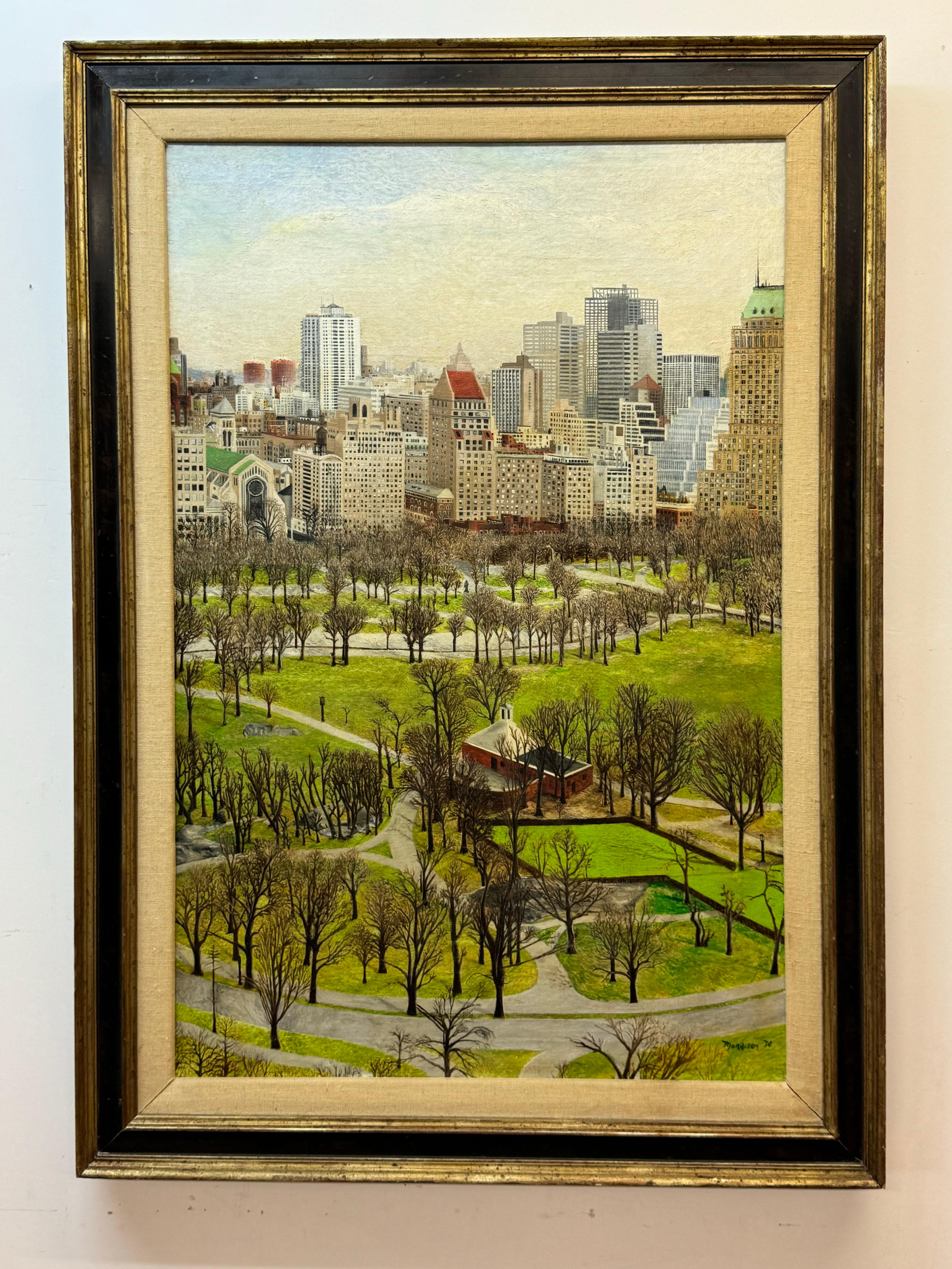 New York City South Central Park original painting by Morrison circa 1970. Brilliant, New York oil painting with Birdseye view of the park with bearing trees and encroaching skyscrapers at the parks edge. Oil on canvas. 23 x 35 unframed, 29.5 x 41.5