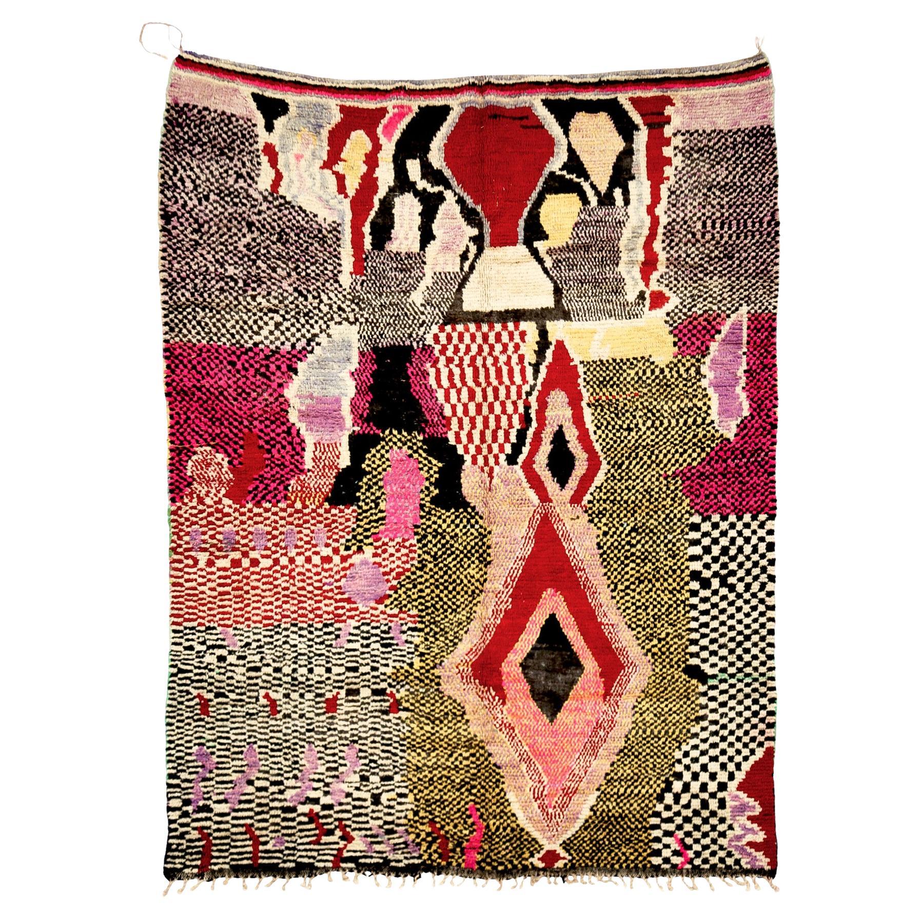 Morrocan Boujaad-Teppich, authentischer schwarzer und roter abstrakter Ornament-Teppich, auf Lager
