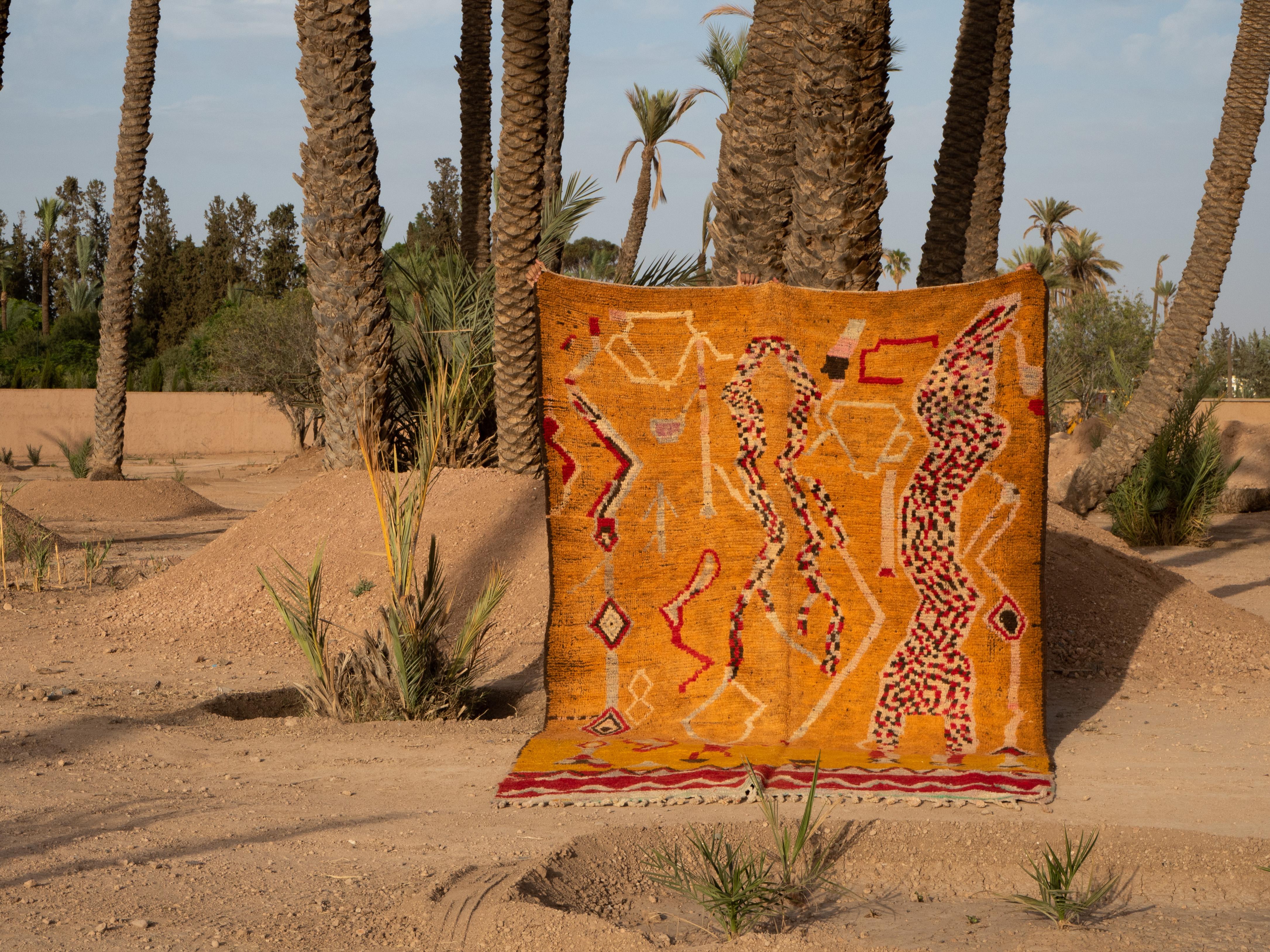 Moroccan Morrocan Boujaad Tribal Pattern rug, Berber Bright Orange Color Rug, In Stock For Sale