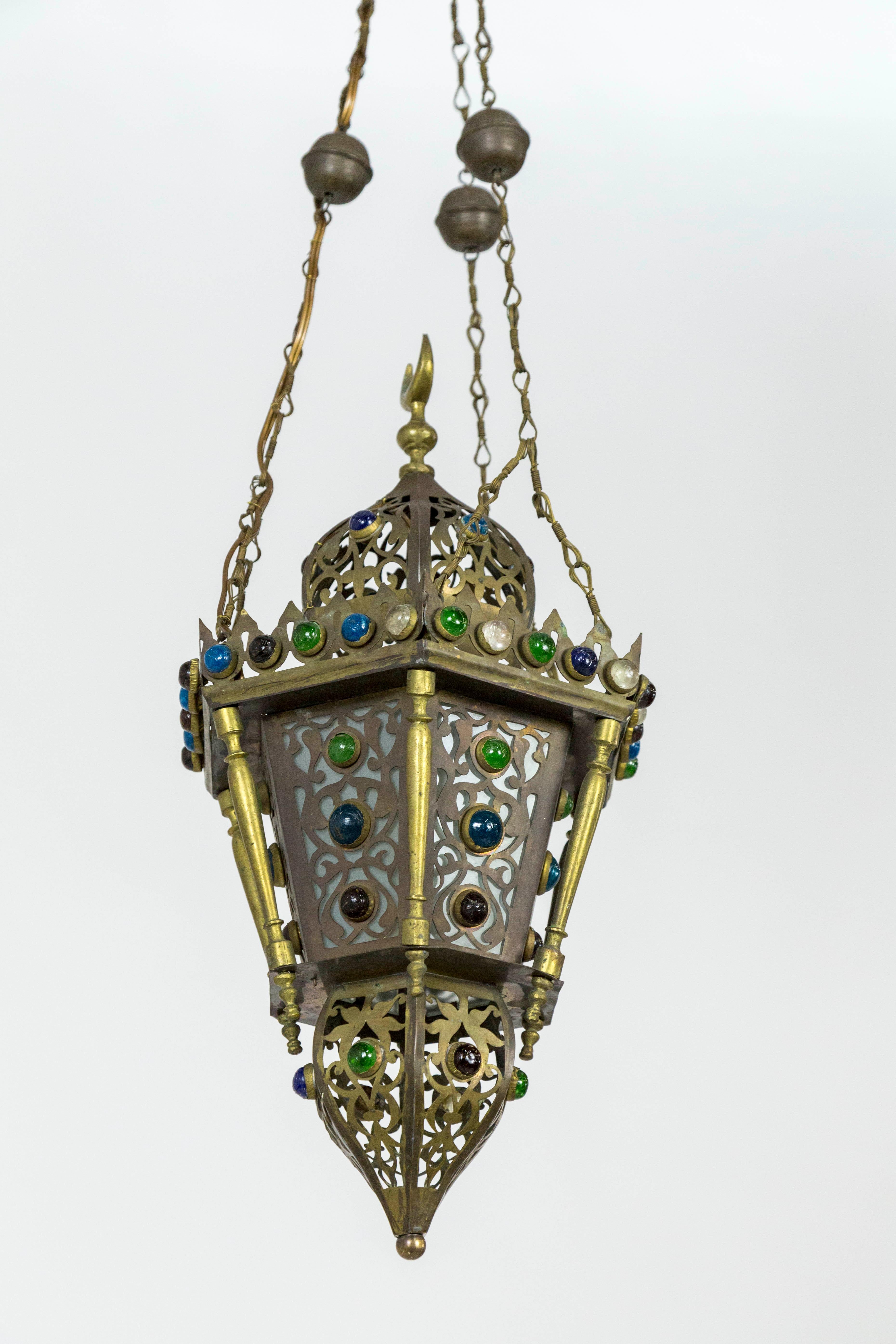 Morrocan Cut Brass Lantern with Glass Gems 4