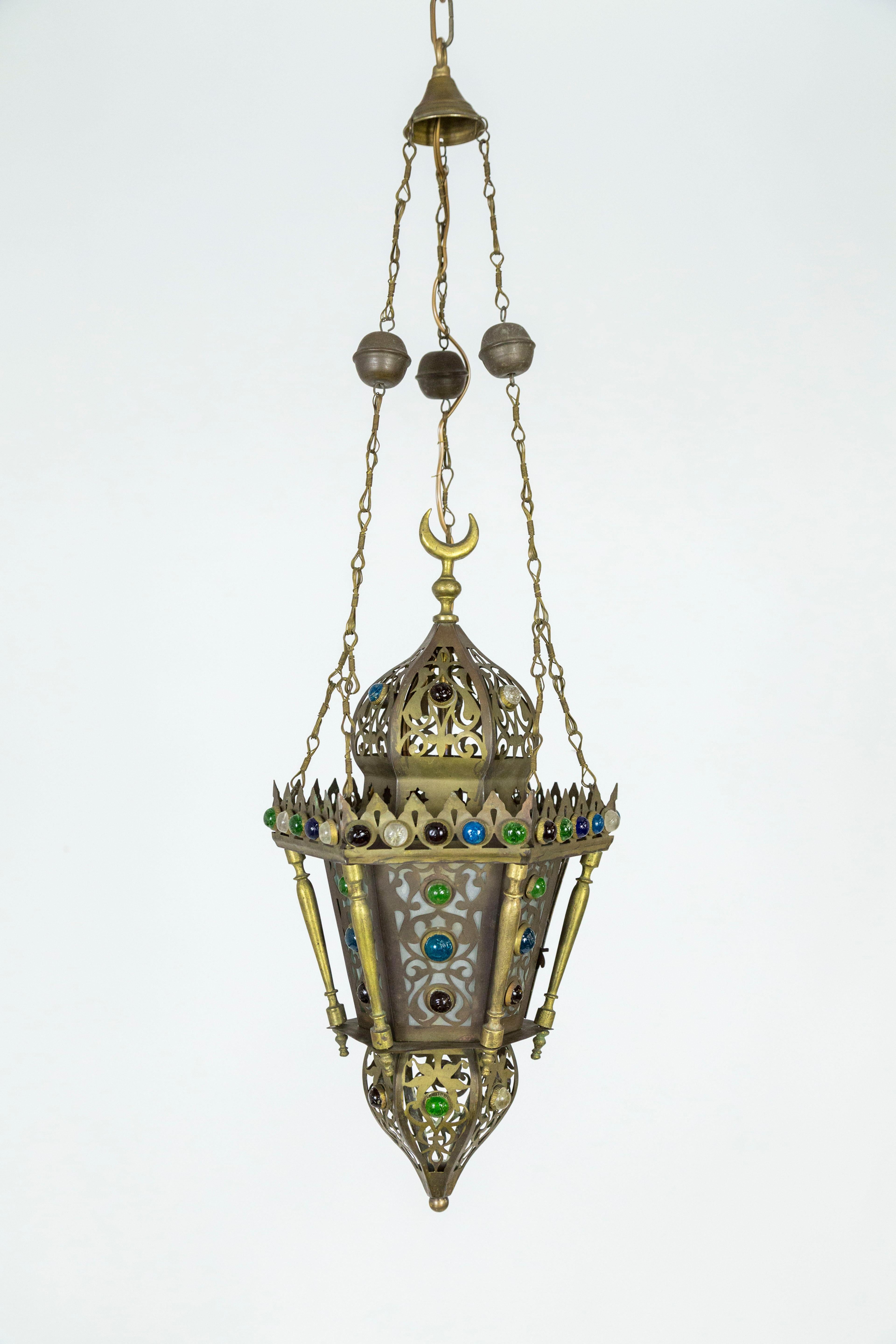 Morrocan Cut Brass Lantern with Glass Gems 5