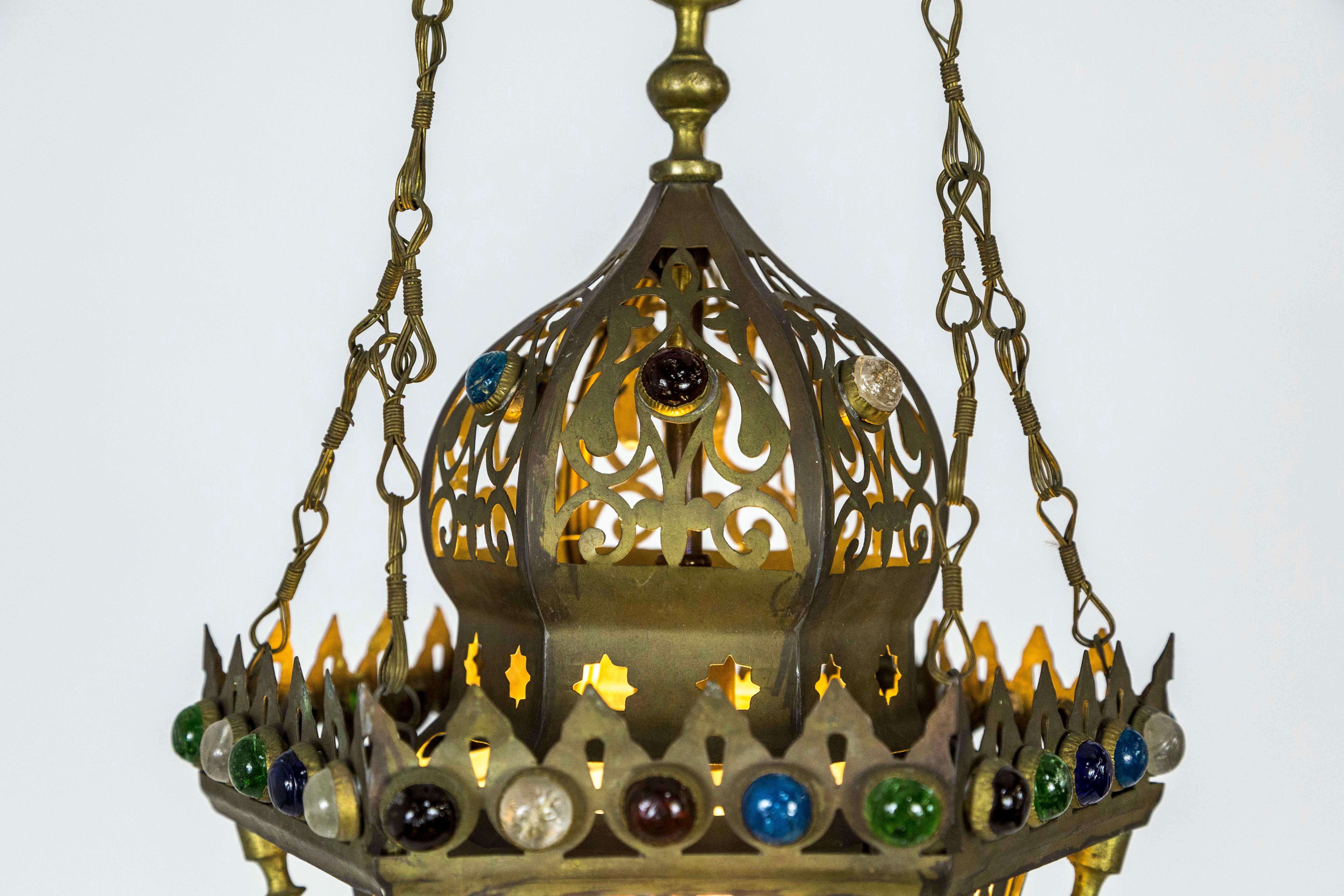 Moroccan Morrocan Cut Brass Lantern with Glass Gems
