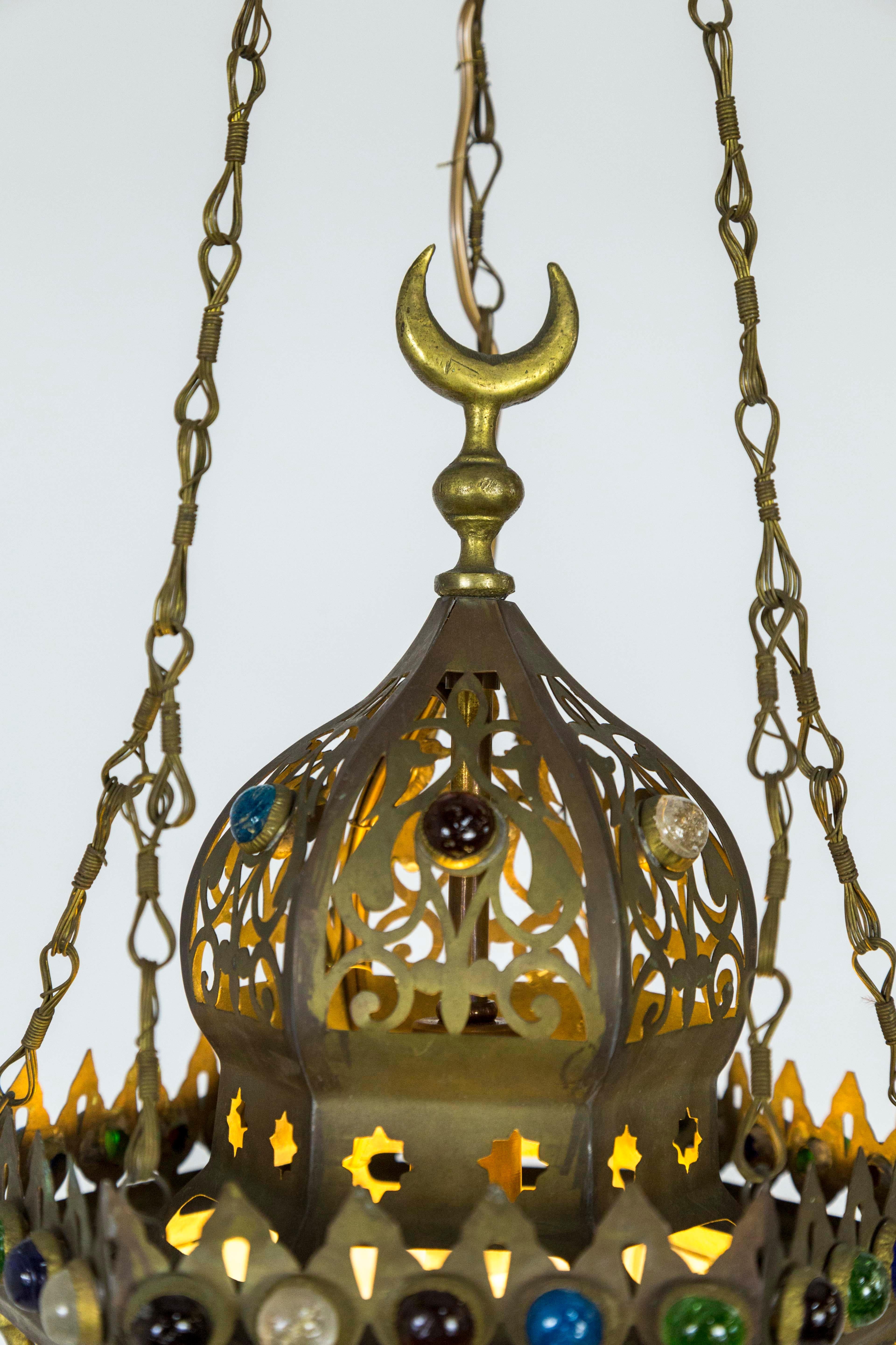 Morrocan Cut Brass Lantern with Glass Gems In Good Condition In San Francisco, CA