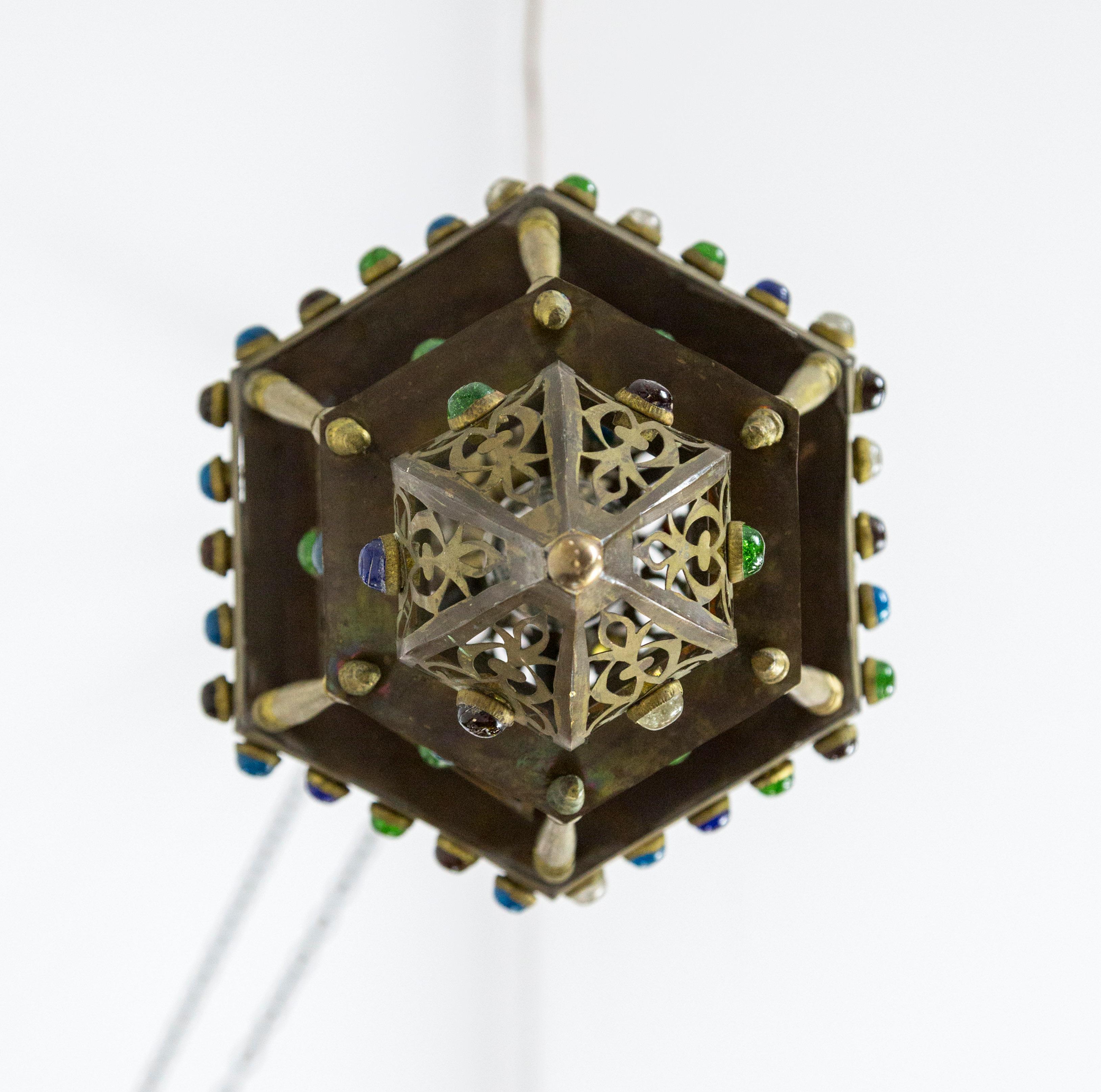 Mid-20th Century Morrocan Cut Brass Lantern with Glass Gems