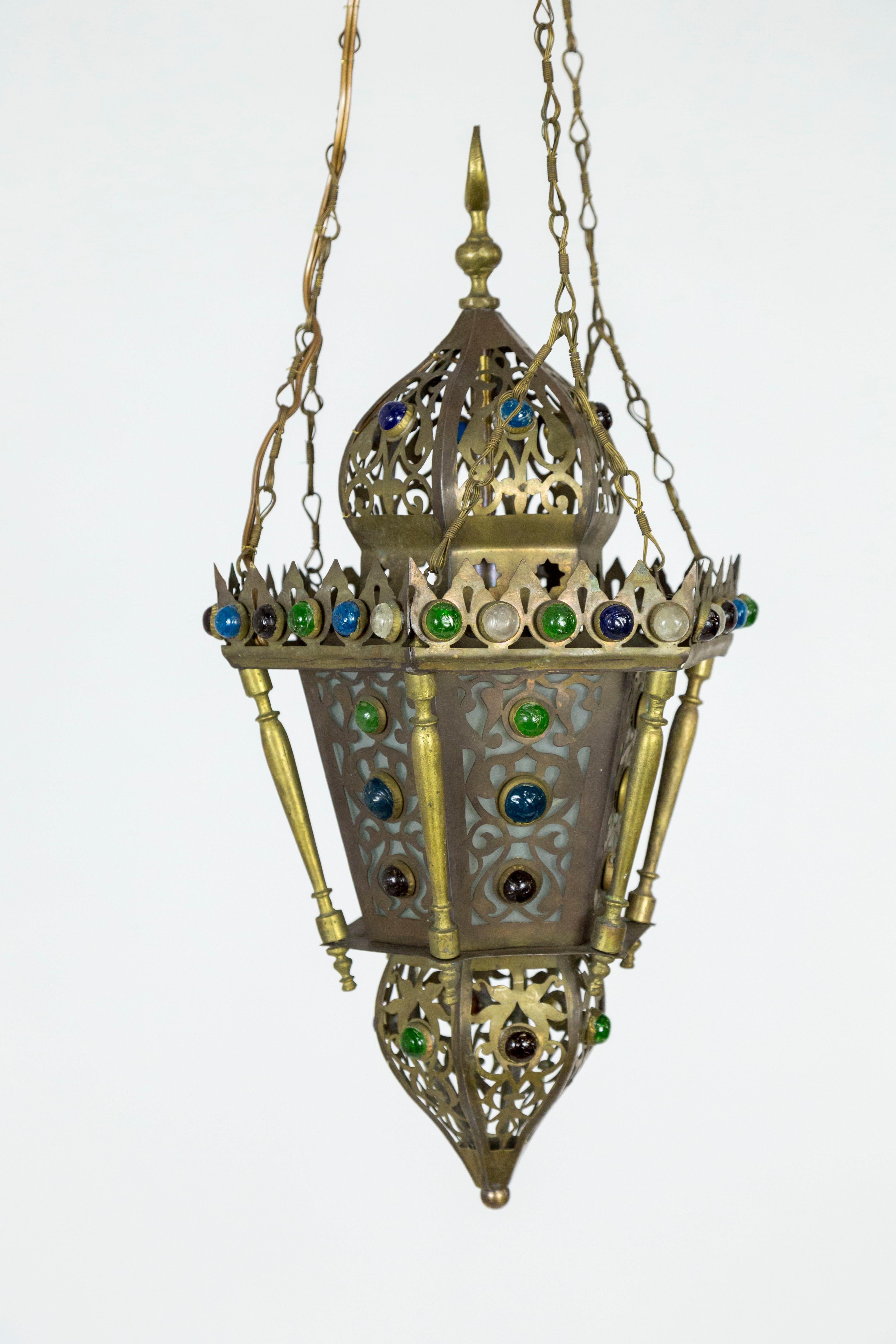 Morrocan Cut Brass Lantern with Glass Gems 3