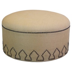 Morrocan Style Round Modern Burlap Nailhead Ottoman Foot Rest Stool Bench Seat