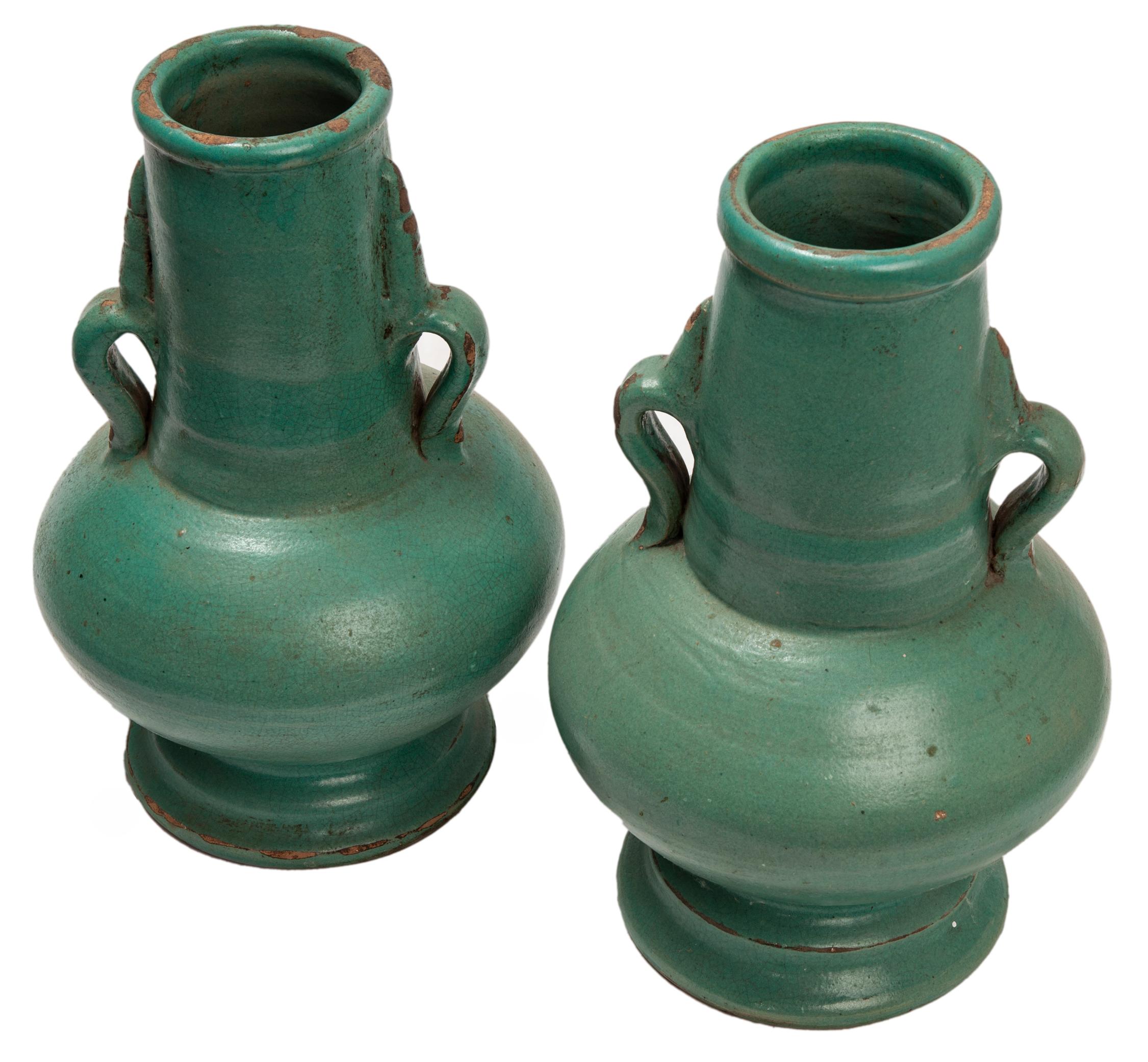 Folk Art Morroccan Matte Green Ceramic Vase Pair