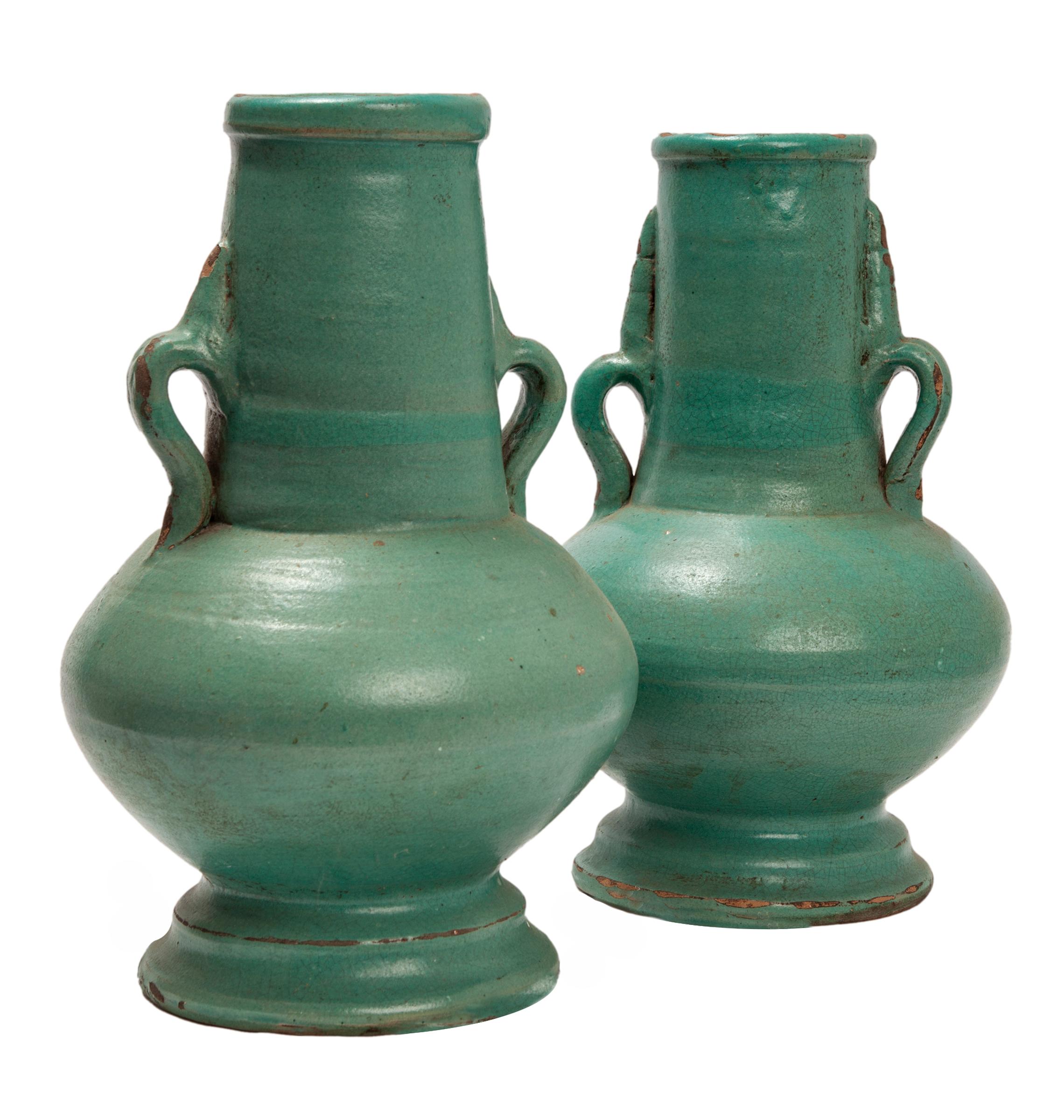 Moroccan Morroccan Matte Green Ceramic Vase Pair