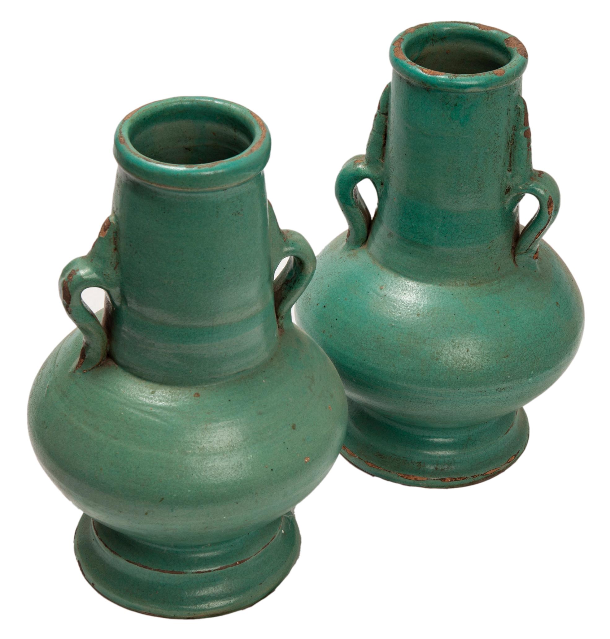 Hand-Crafted Morroccan Matte Green Ceramic Vase Pair