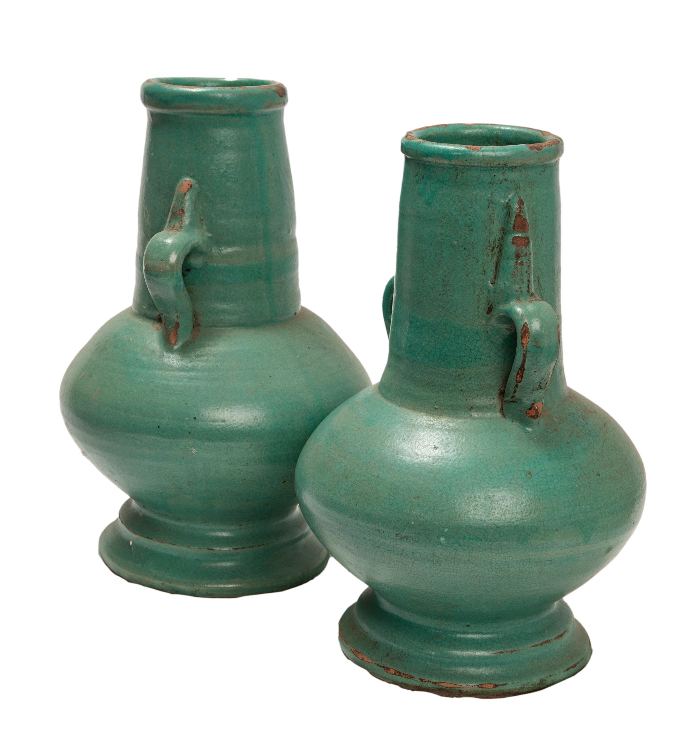 Morroccan Matte Green Ceramic Vase Pair In Good Condition In Malibu, CA
