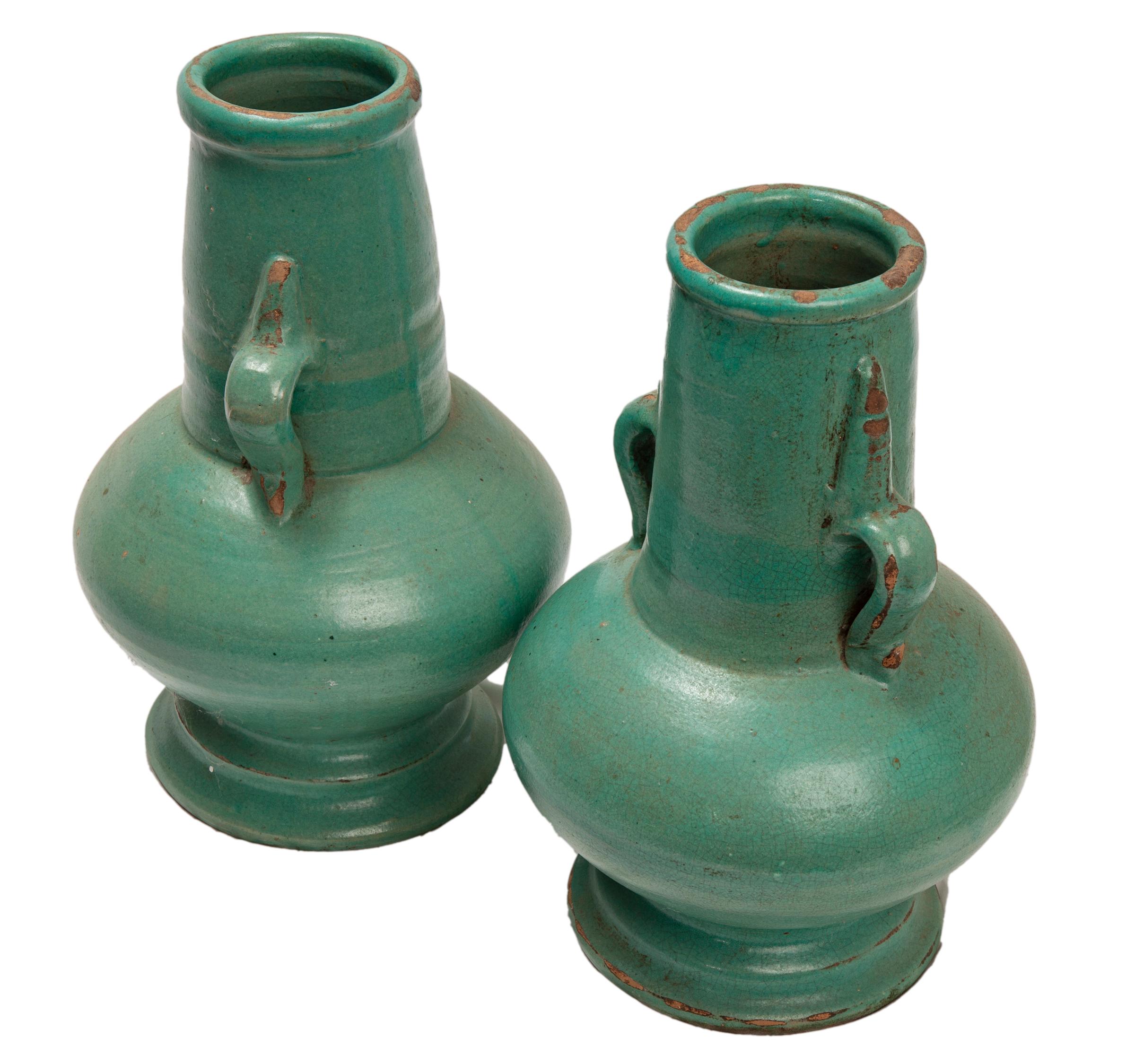 20th Century Morroccan Matte Green Ceramic Vase Pair