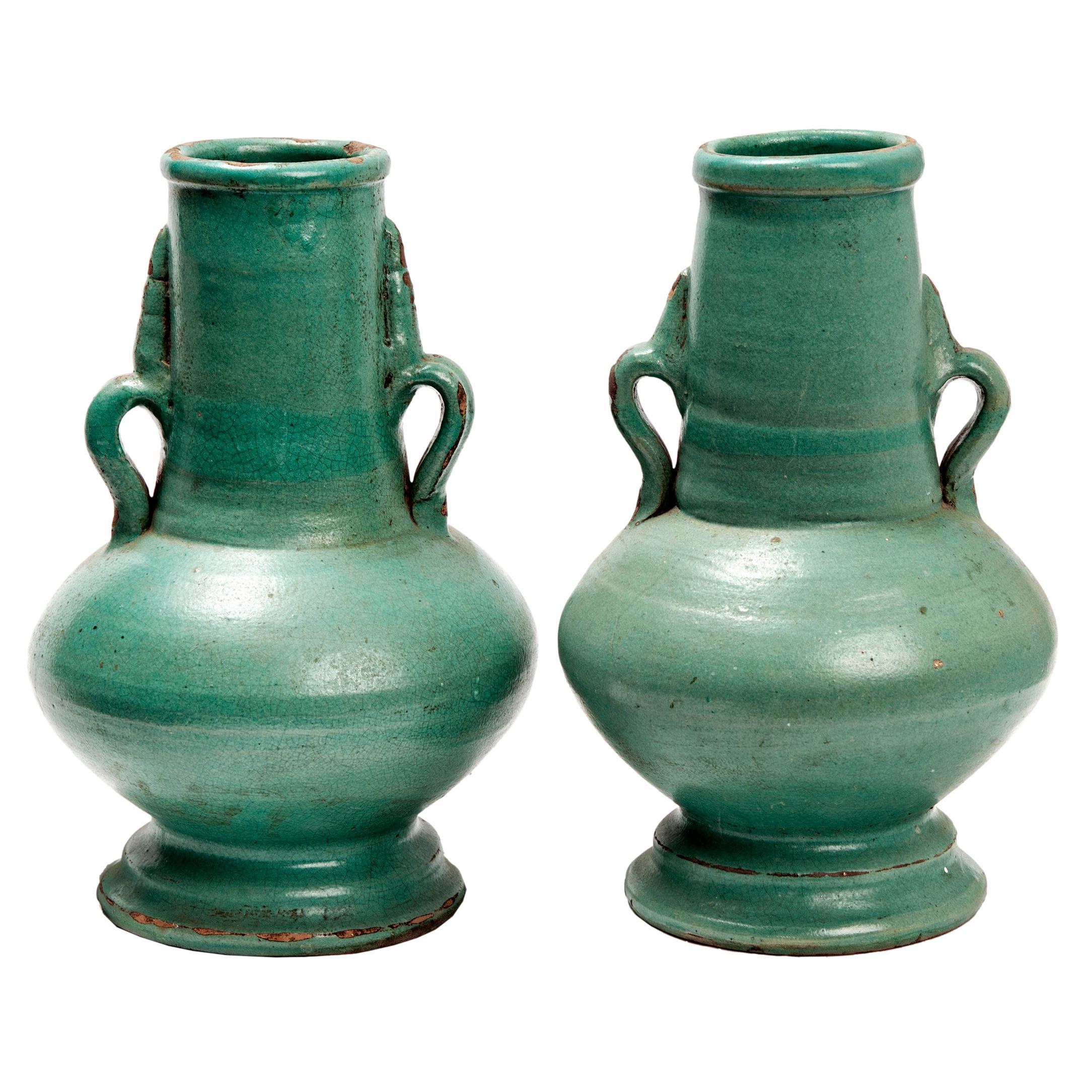 Morroccan Matte Green Ceramic Vase Pair
