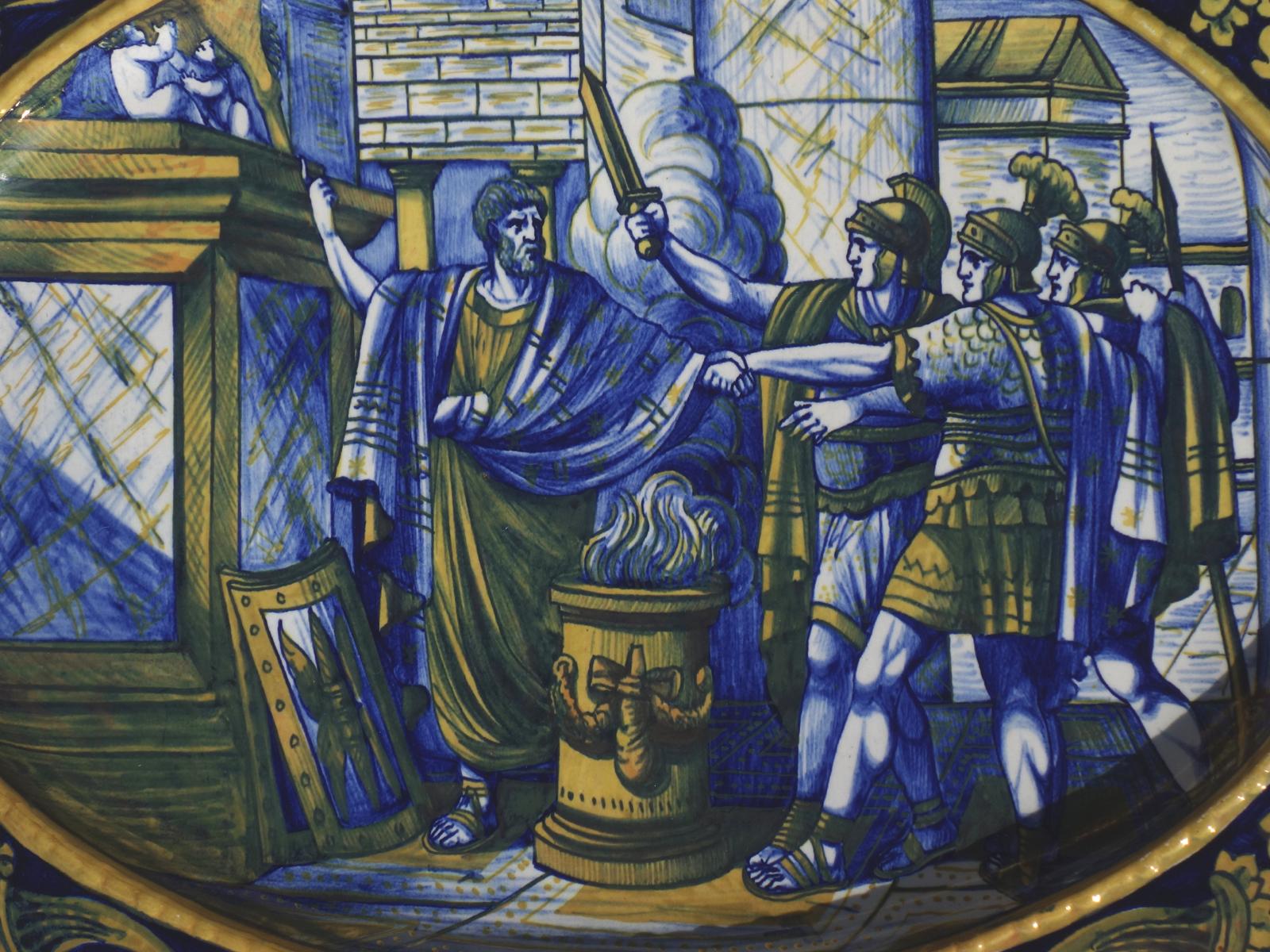Metà XX secolo Morroni & Tega Gualdo Tadino Rinascimentale Coppia di piatti in maiolica italiana in vendita