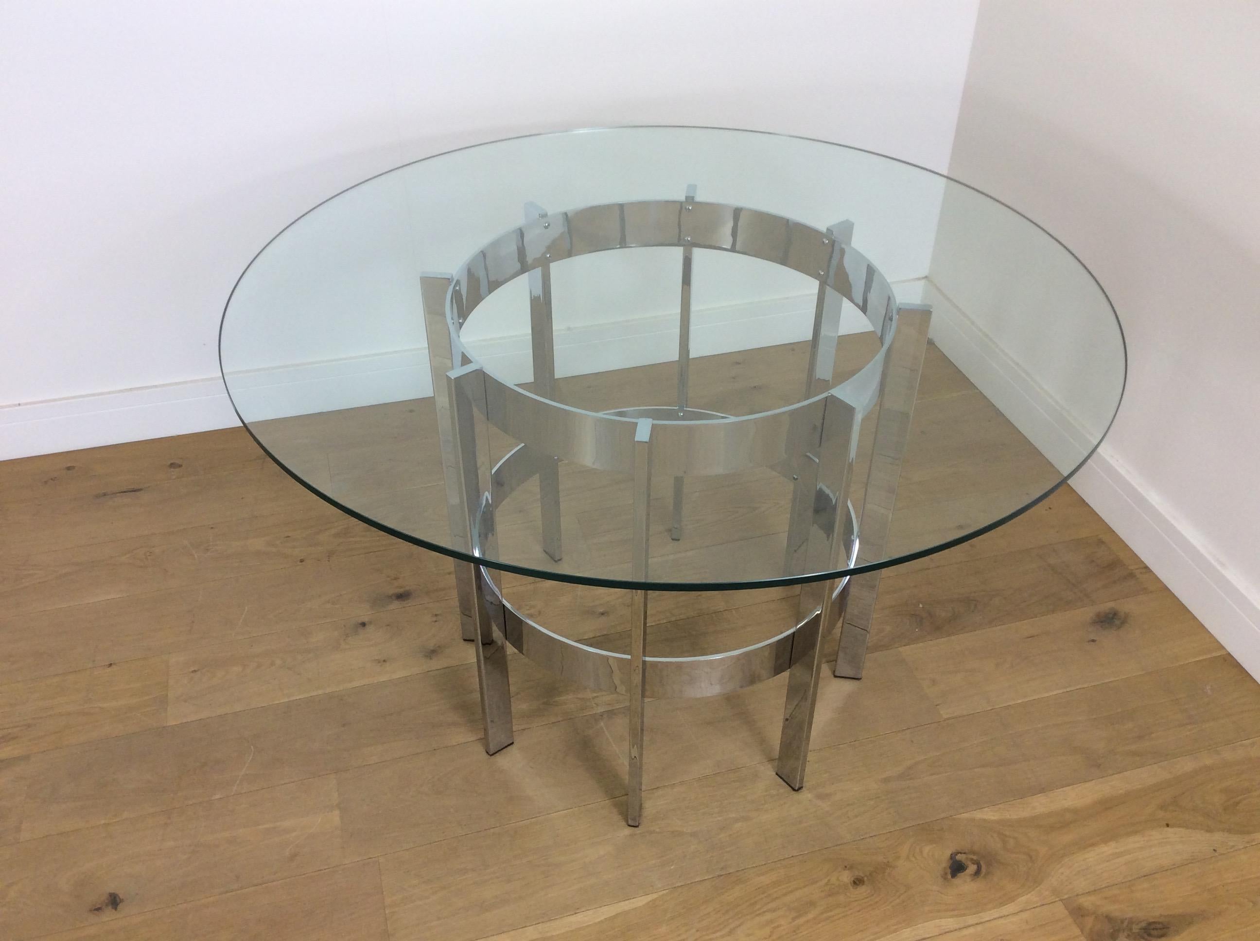 Midcentury chrome and glass top table from Merrow Associates.
Very high quality flat chrome framed table with plate glass top, designed by Richard Young for morrow Associates.
British, circa 1970
Measures: 71.5 cm H, 114.5 cm dia.