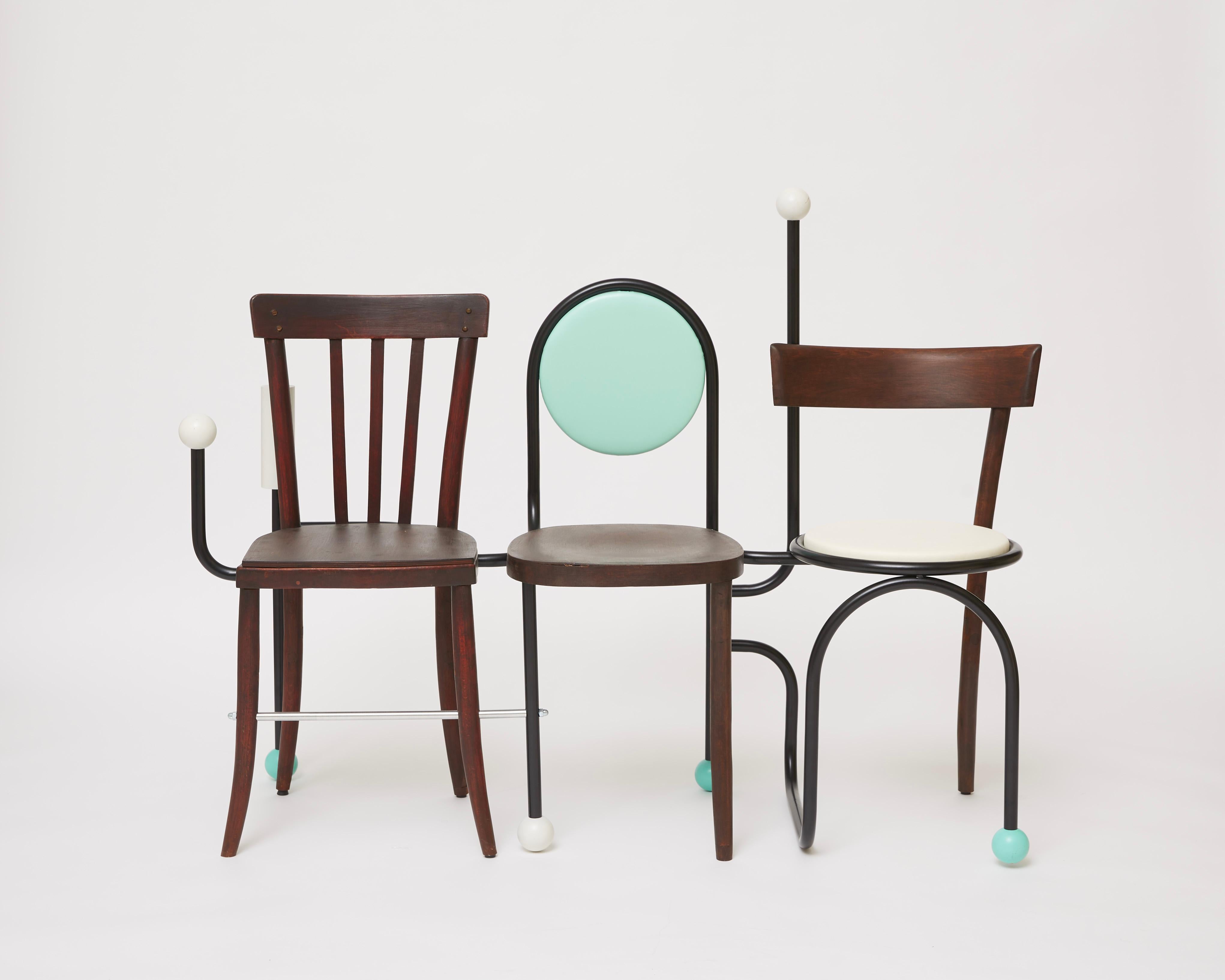 Quiet elements from 19th-century chairs coupled with an intricate cylindrical steel frame trace the silhouette of this bench of distinct eclectic inspiration. Ivory and teal inserts accent the design, actualizing the dashes and dots typical of the