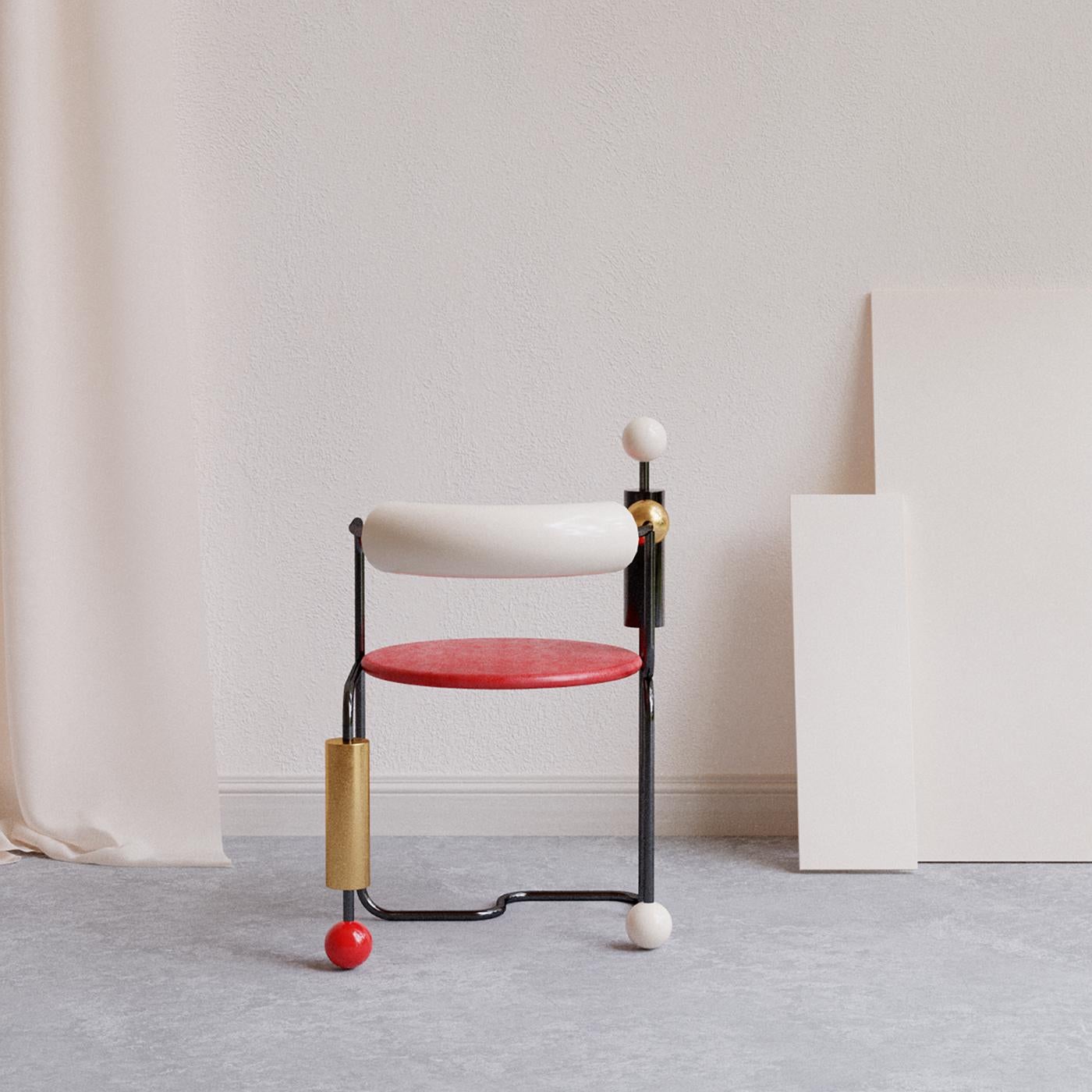 Whimsically inspired by Morse code, this chair from the eponymous series has its cylindrical black-lacquered steel frame adorned with geometric inserts finished in a combination of ivory, black, red, and gold. The airy design reveals a strong