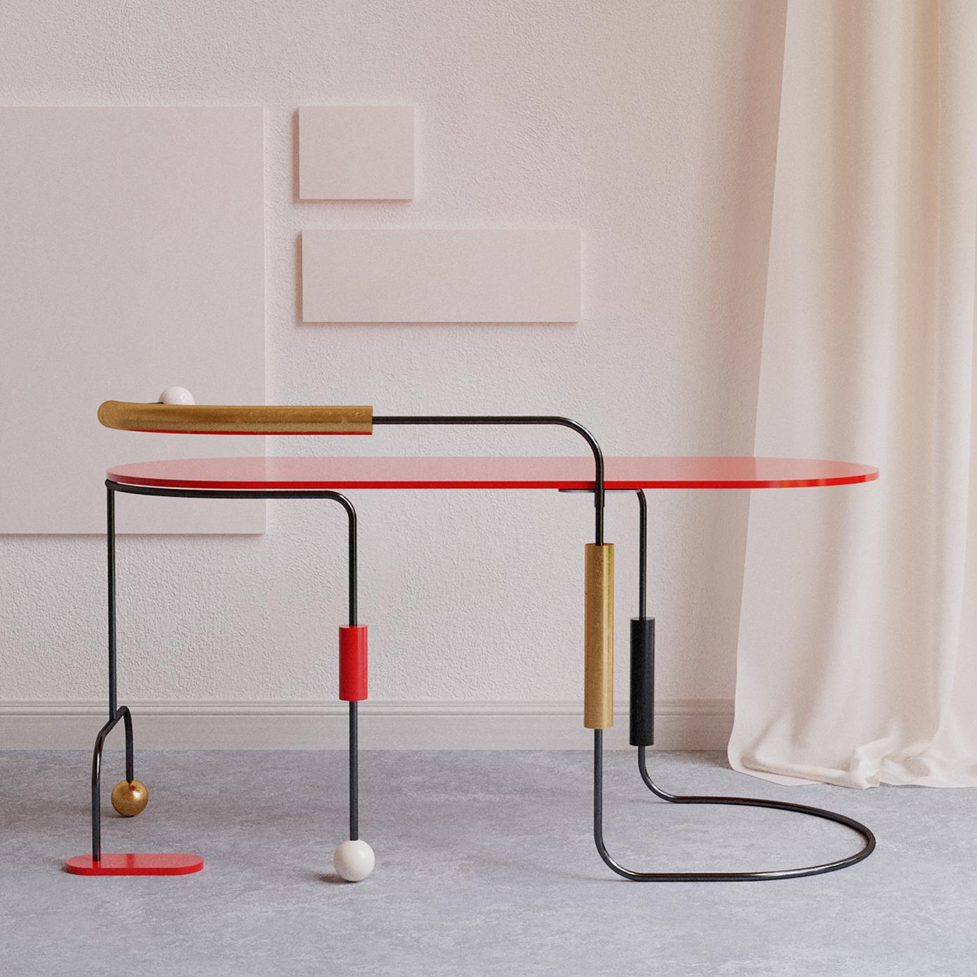 This sculptural desk owes its eccentric design to the dots and dashes typical of the Morse language that names the whole collection. Colorful and dynamic, its asymmetric silhouette with a cylindrical steel frame incorporates cylinders and spheres