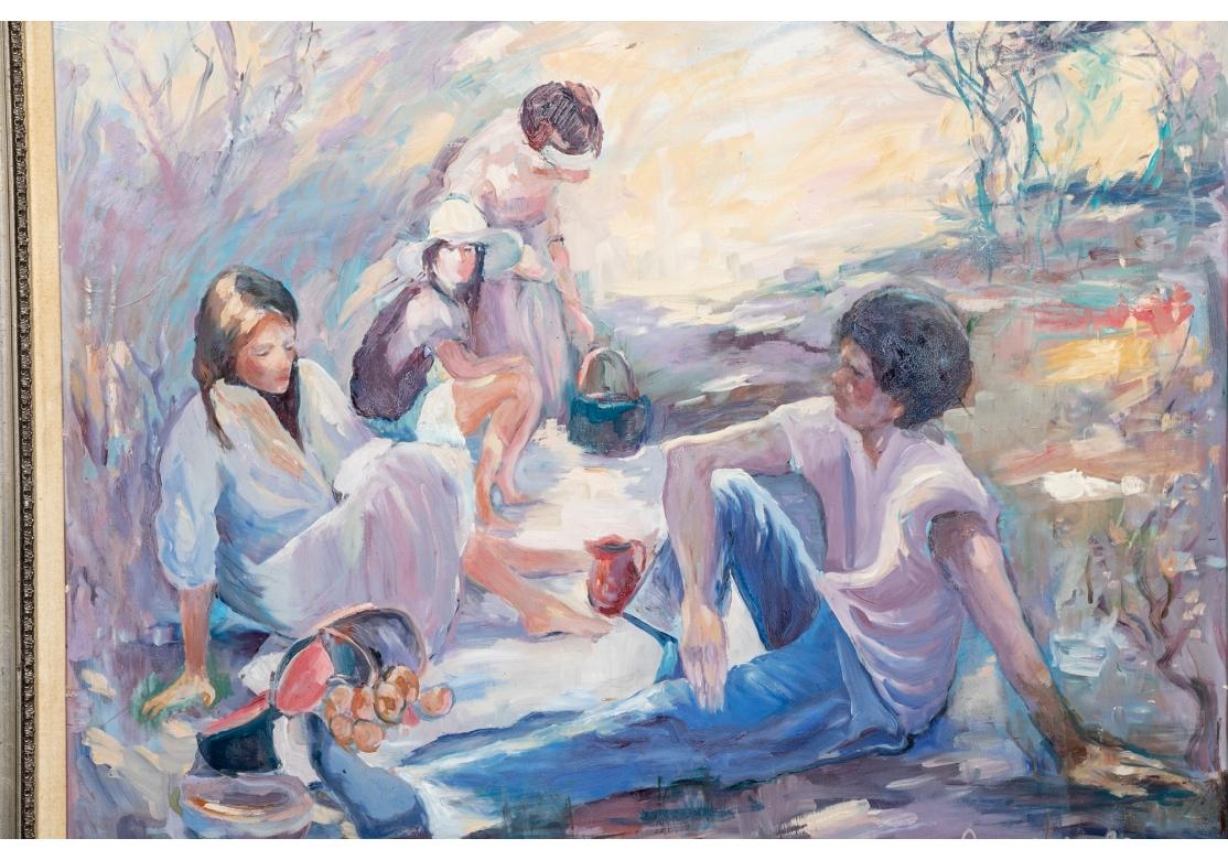 Hand-Painted Mort Baranoff 'Am., TX Artist, 1932-1978' Oil On Masonite, Picnic in Country For Sale