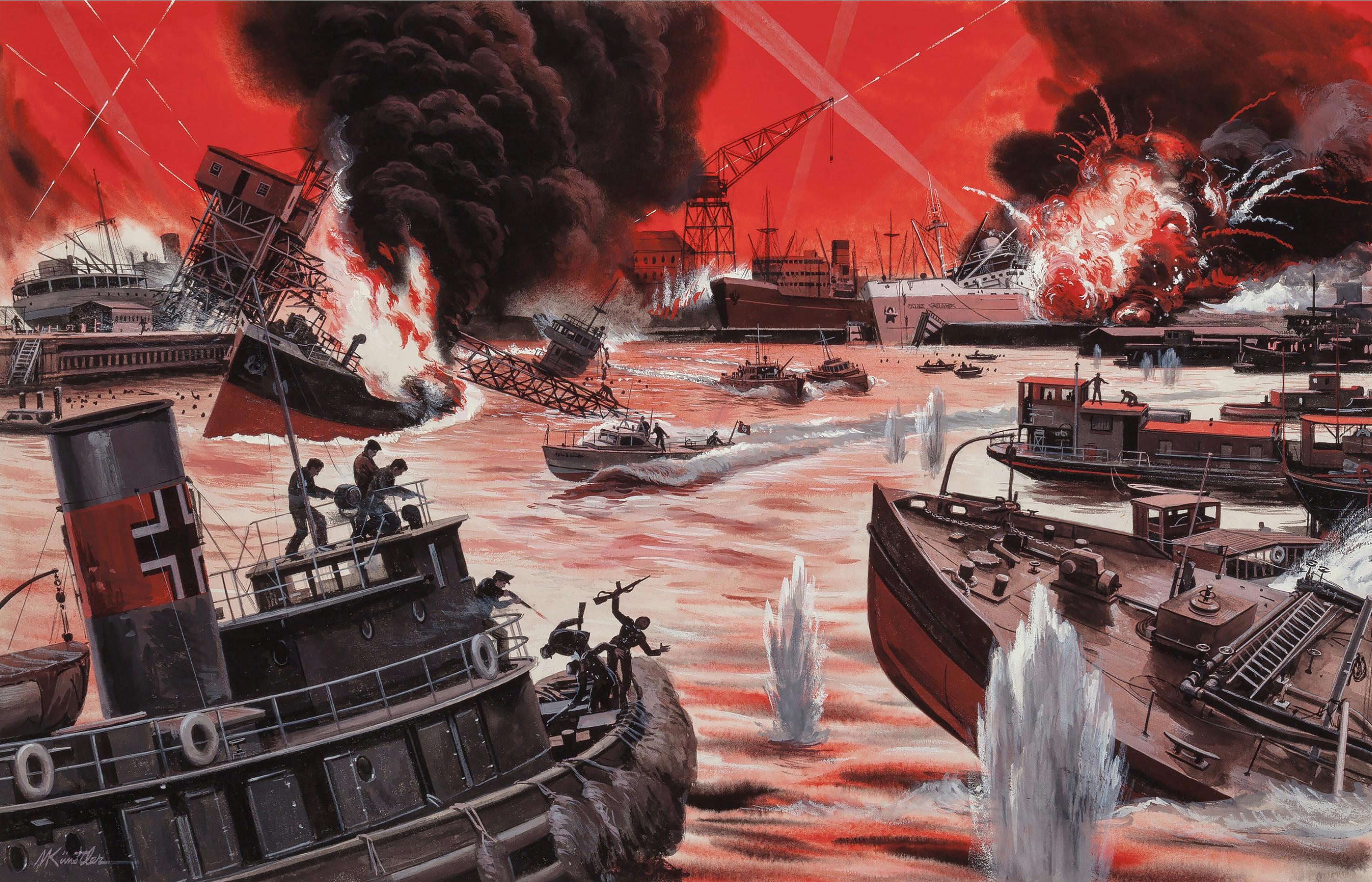 Mort Künstler Figurative Painting - Battle Scene At Sea World War II . Dead Soldiers and  Blood Red Sea