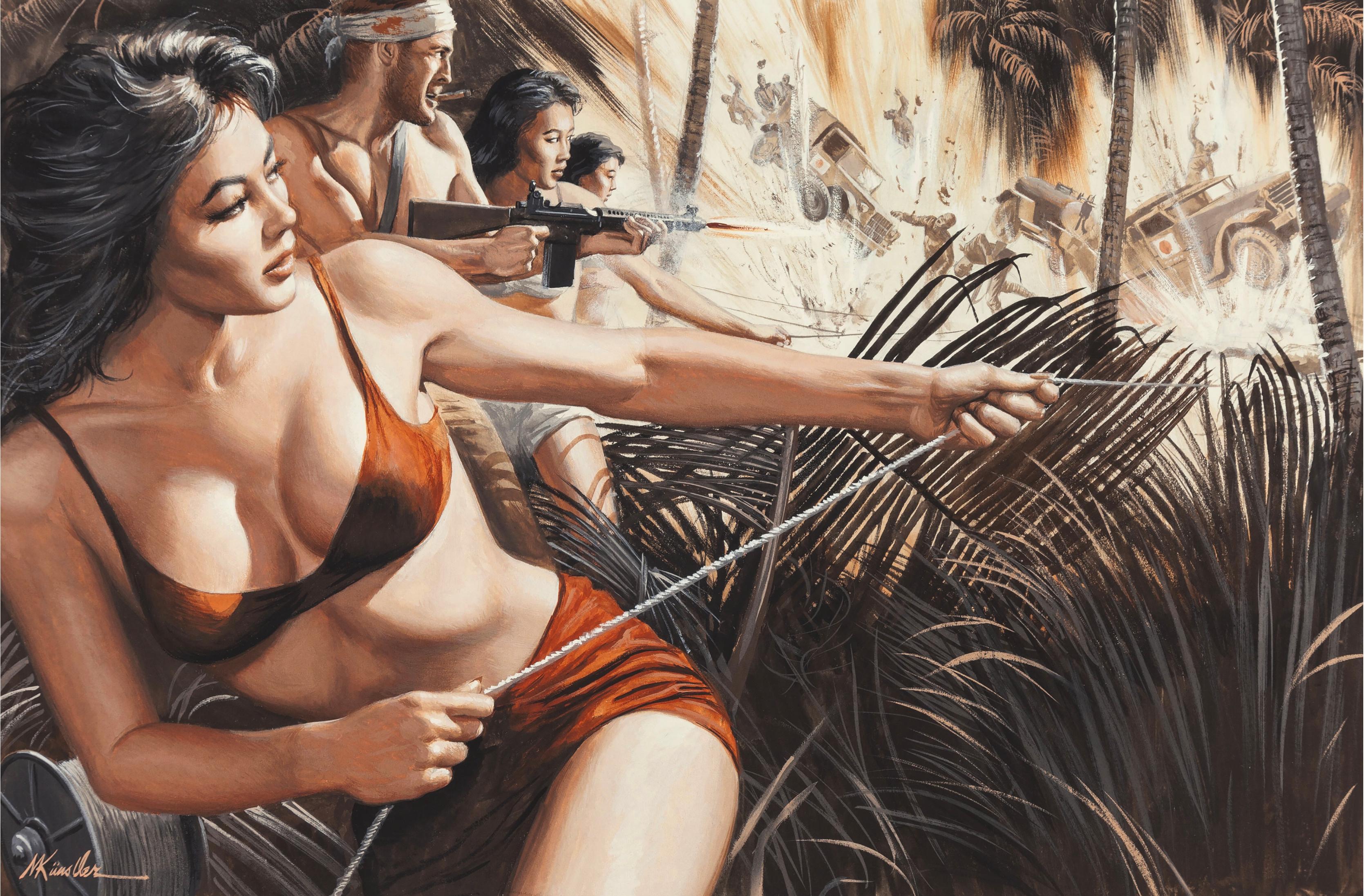 Mort Künstler Nude Painting - G. I. Tiger-Bandit of Saipan, Combat with Bikini Women and Explosions 