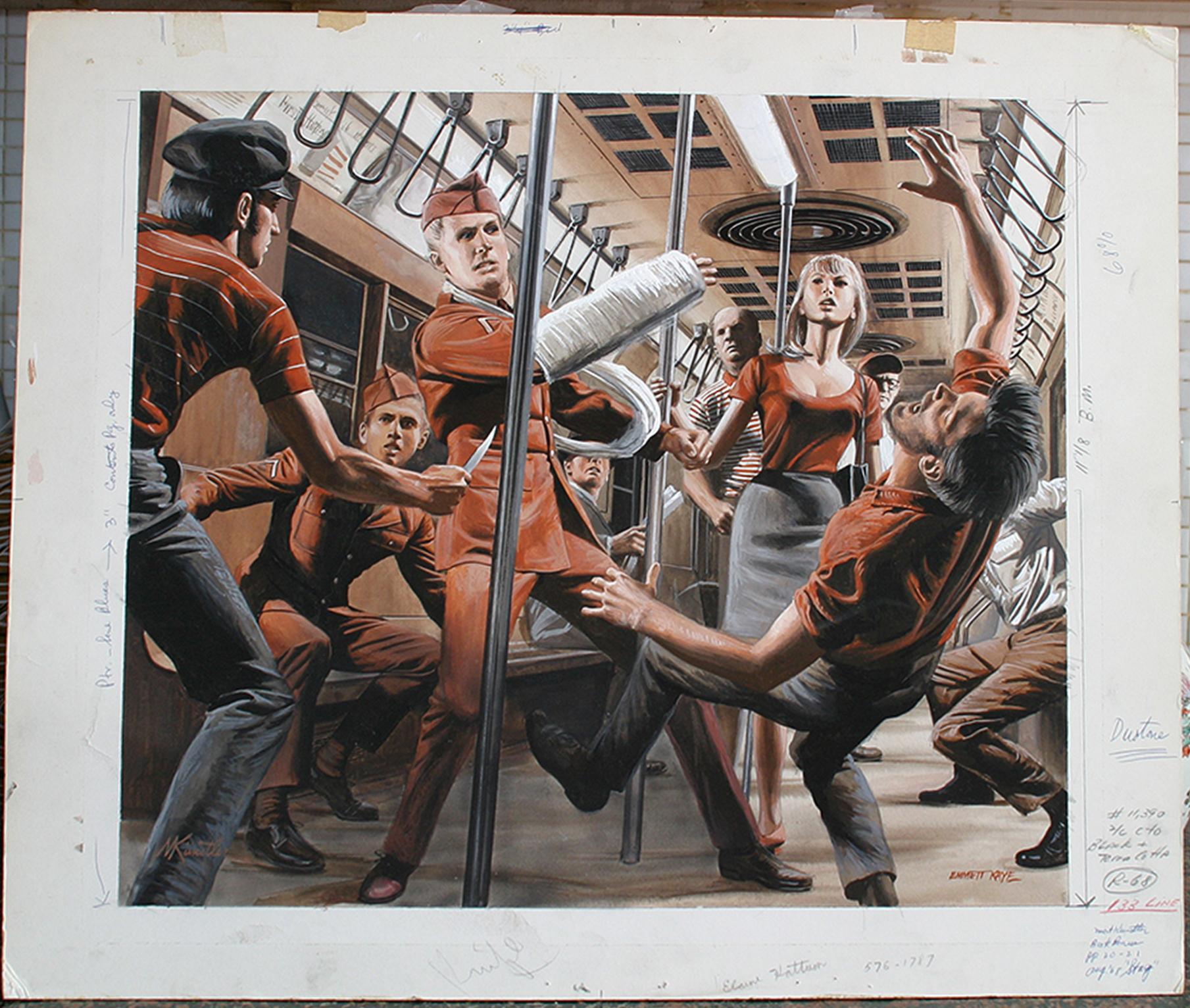 Soldier Beats Up Muggers on Subway - Stag Magazine story illustration - Painting by Mort Künstler