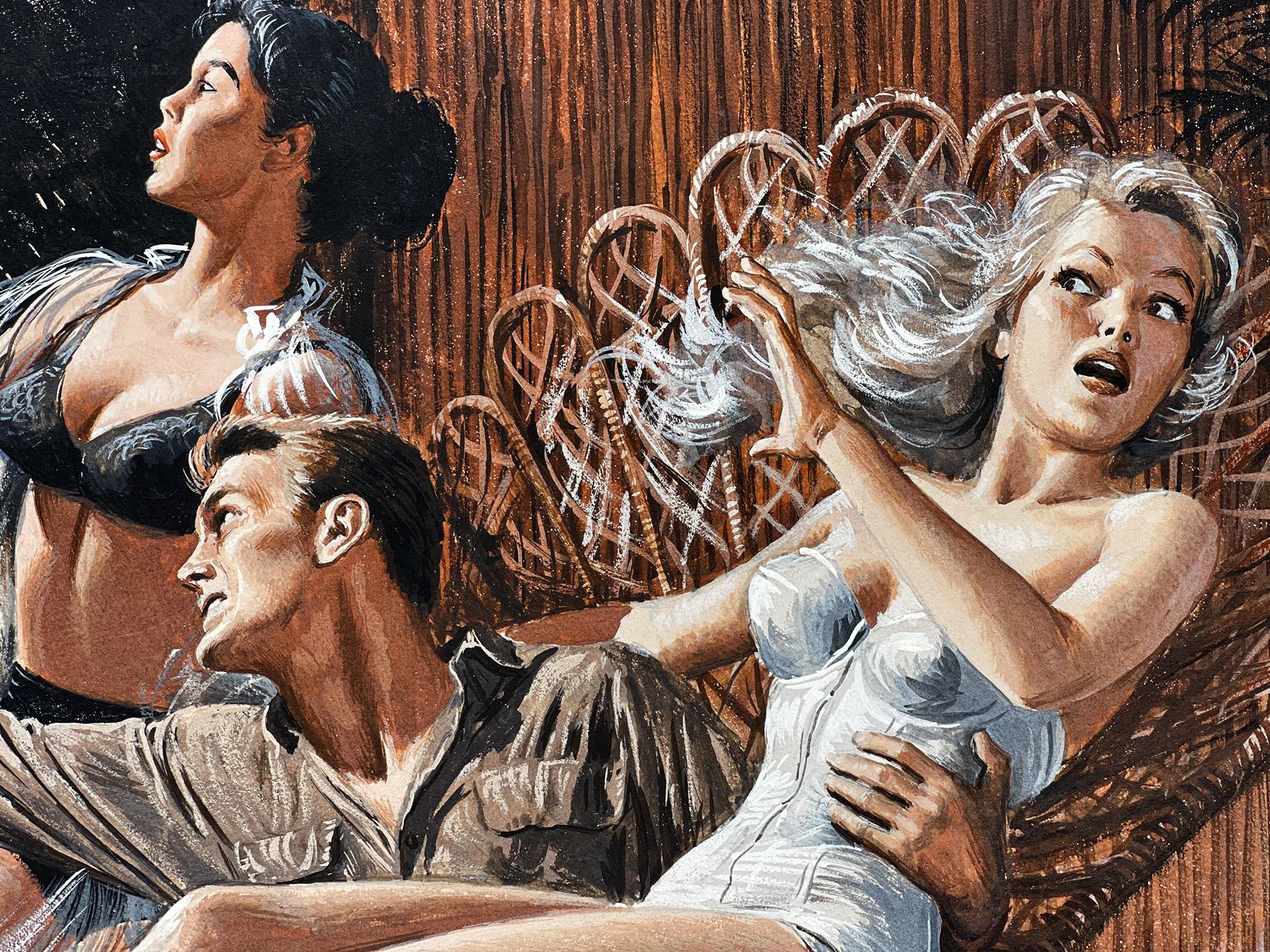 Soldier Shooting Gun  with Bikini Girls,  Mid-Century Mens Magazine War  - Painting by Mort Künstler