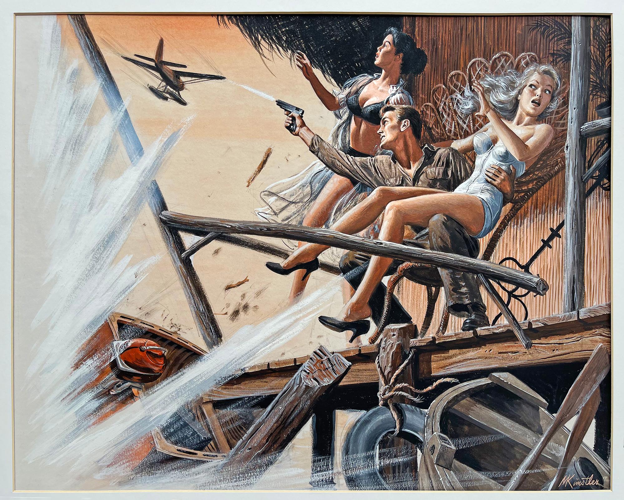 Soldat Shooting Gun  Mit Bikini-Girls,  Zeitschriftenkrieg für Herren aus der Mitte des Jahrhunderts  (Realismus), Painting, von Mort Künstler