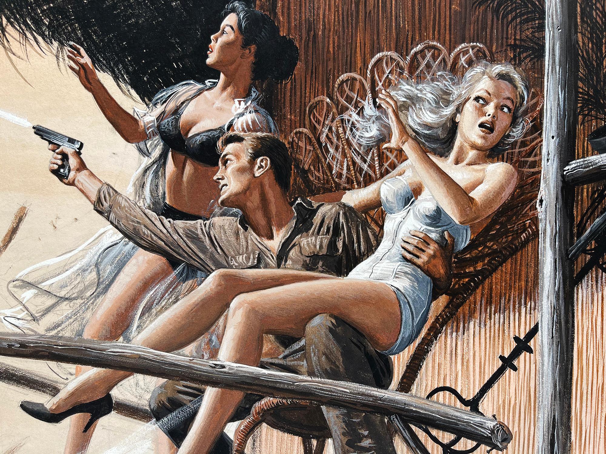 Soldat Shooting Gun  Mit Bikini-Girls,  Zeitschriftenkrieg für Herren aus der Mitte des Jahrhunderts  (Beige), Landscape Painting, von Mort Künstler