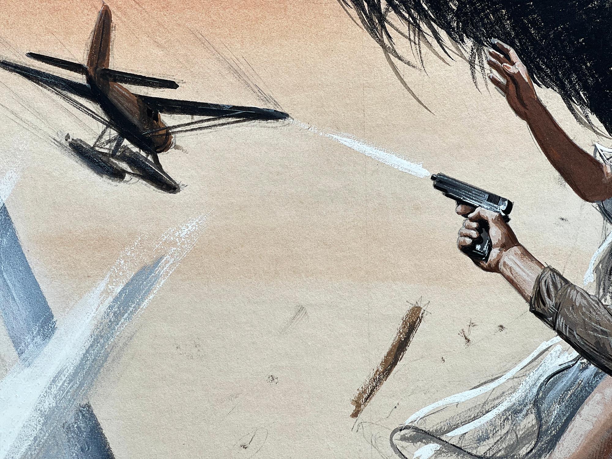 Soldier Shooting Gun  with Bikini Girls,  Mid-Century Mens Magazine War  - Realist Painting by Mort Künstler