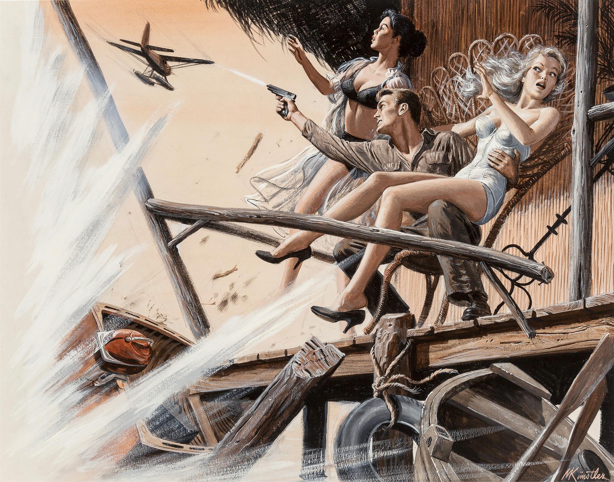 Mort Künstler Landscape Painting – Soldat Shooting Gun  Mit Bikini-Girls,  Zeitschriftenkrieg für Herren aus der Mitte des Jahrhunderts 