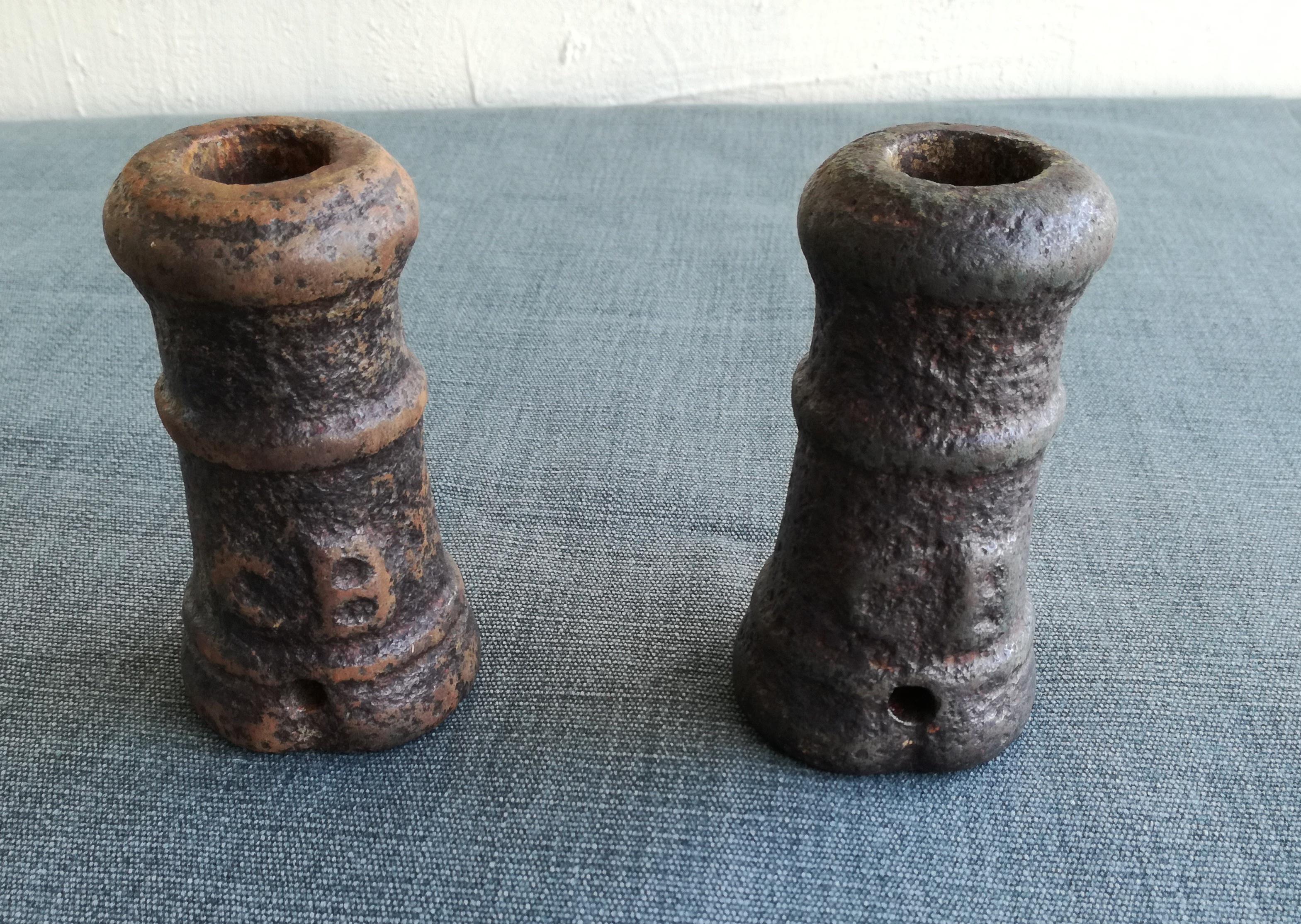 pair of ,antique Mortar ,cheer masculine, fuse. (bombard) made of cast heavy metal. it was used to fire rudimentary fireworks in military parades and also as a test for gunpowder. good, working condition. French Revolution period.