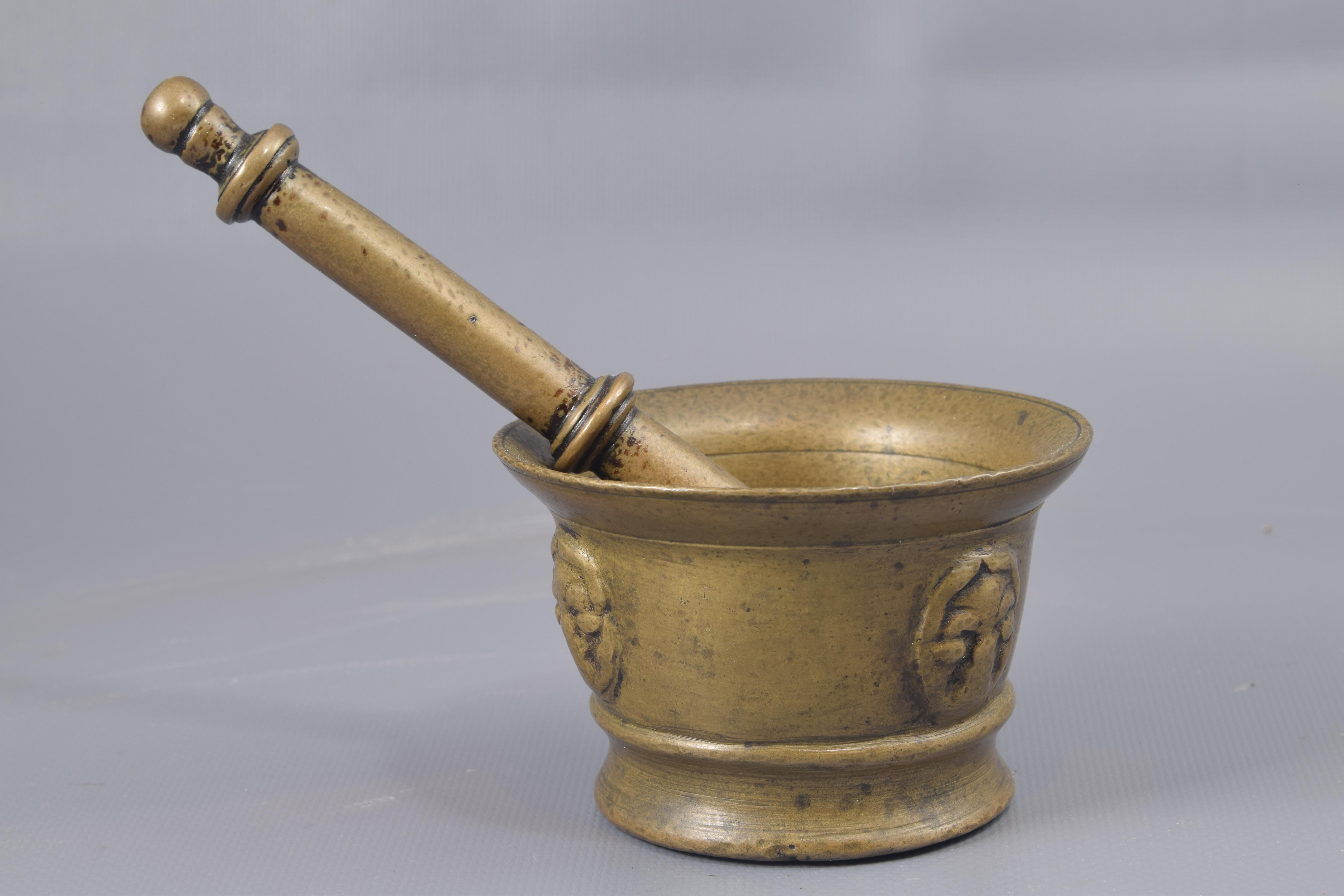 Baroque Mortar with Mace or Pestle, Bronze, 17th Century