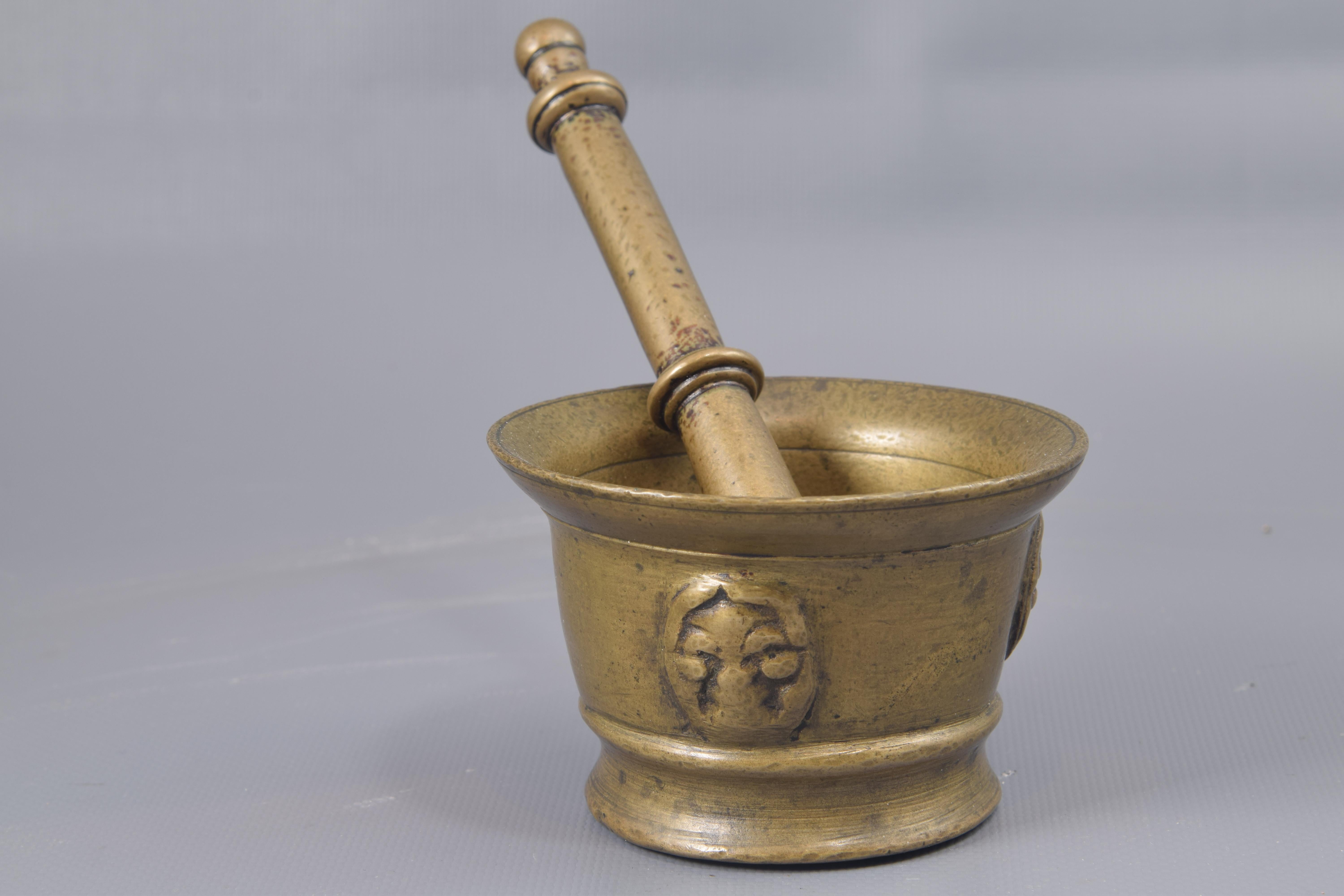 European Mortar with Mace or Pestle, Bronze, 17th Century