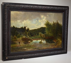 Antique 19th Century Norwegian Artists Oil Painting Pastoral Windmill Shepherd