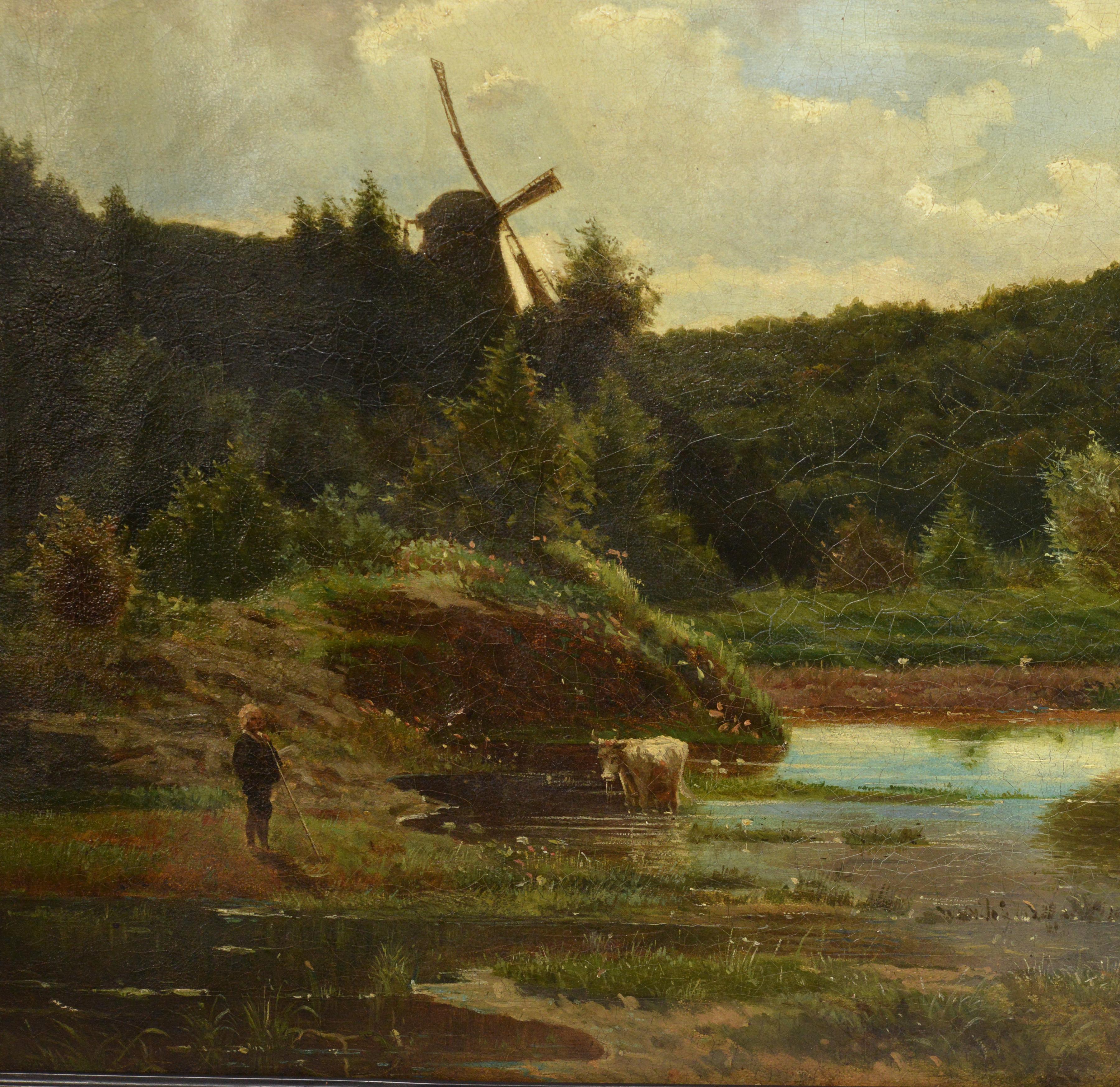 Windmühle und Hirtenjunge Landschaft Collaboration Zwei berühmte norwegische Artisten (Realismus), Painting, von Morten Müller and Olaf Christopher Dahl