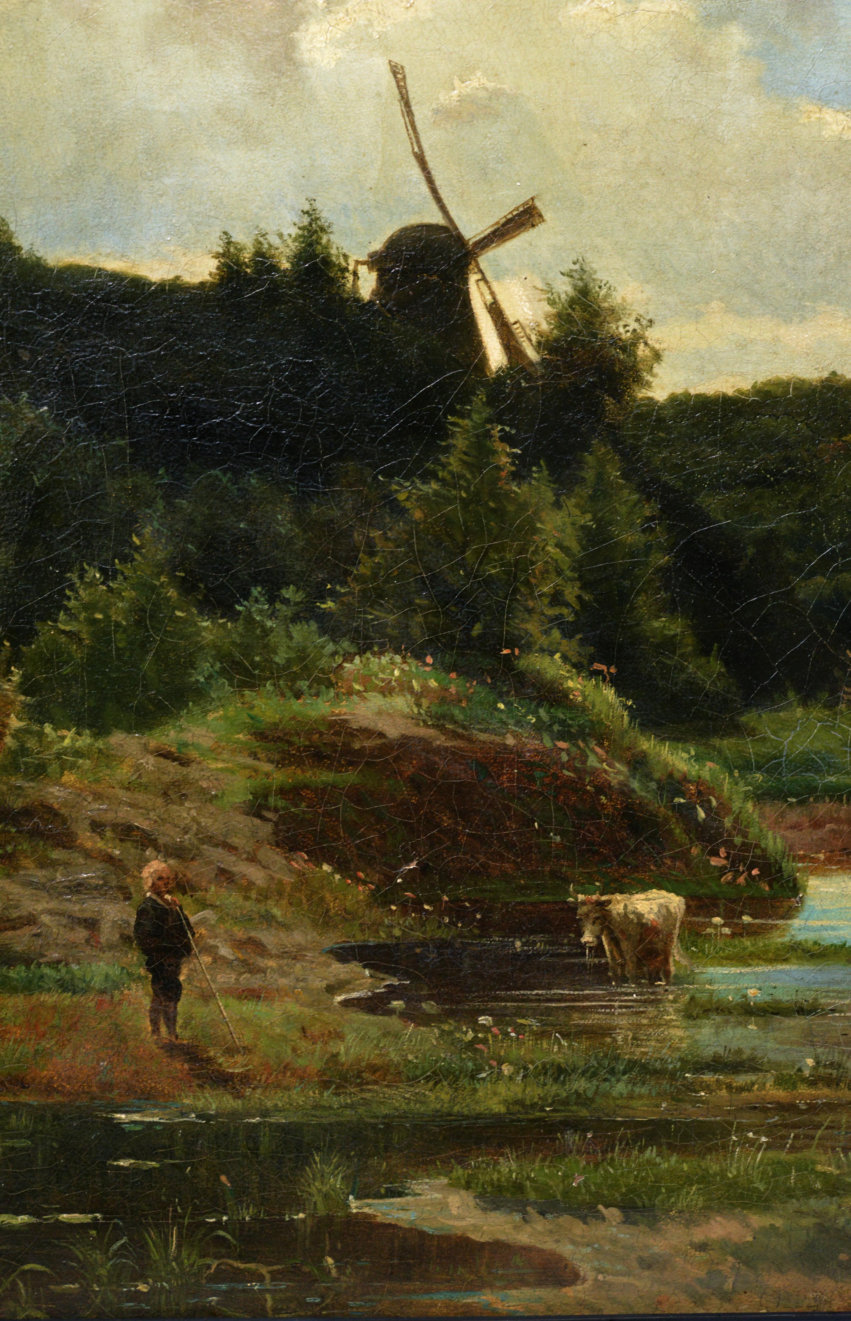 Norwegian landscape Windmill and shepherd boy Collaboration two famous artists - Realist Painting by Morten Müller and Olaf Christopher Dahl