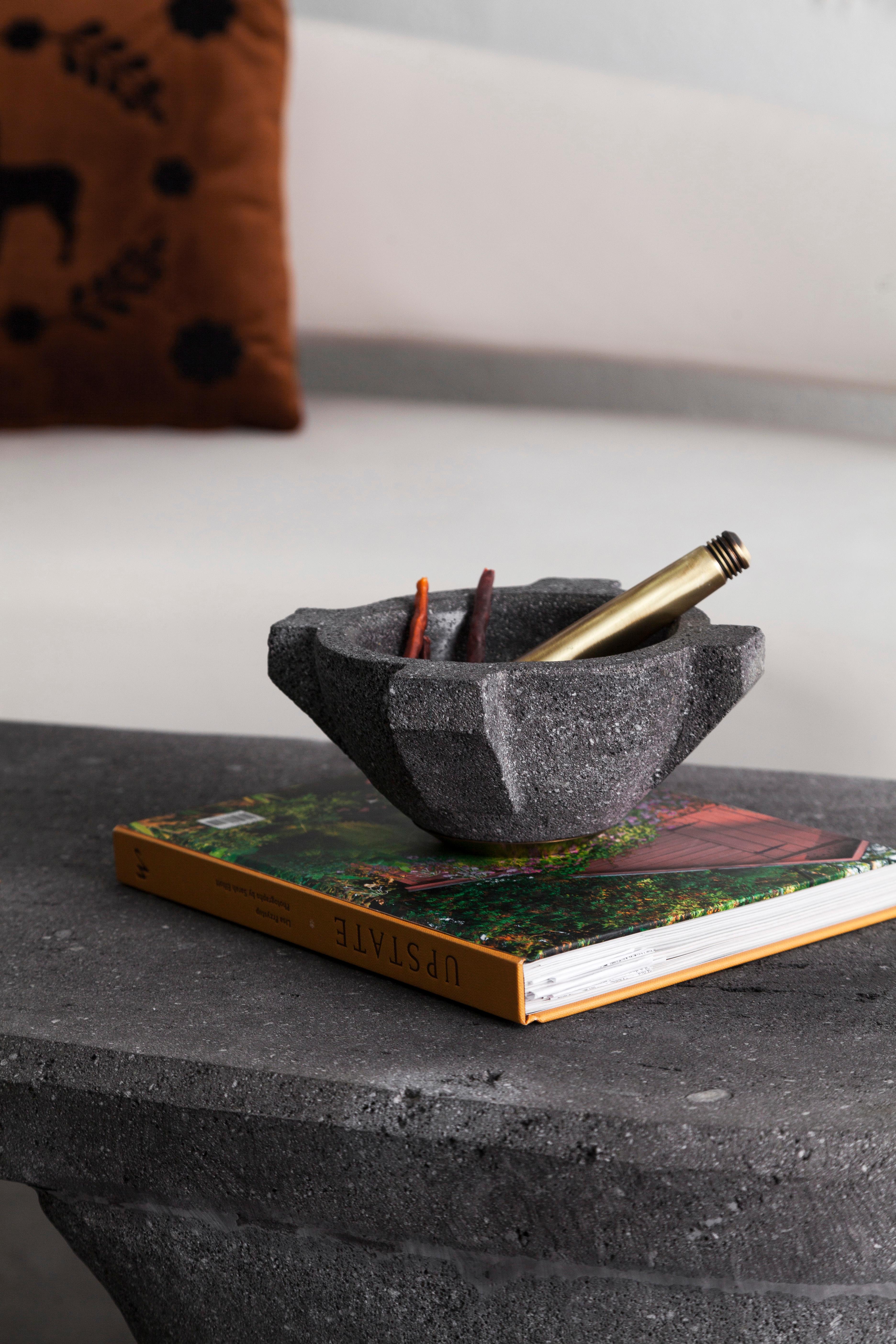 Contemporary MORTERO Decorative Volcanic Stone Bowl with Bronze Details by ANDEAN, In Stock For Sale