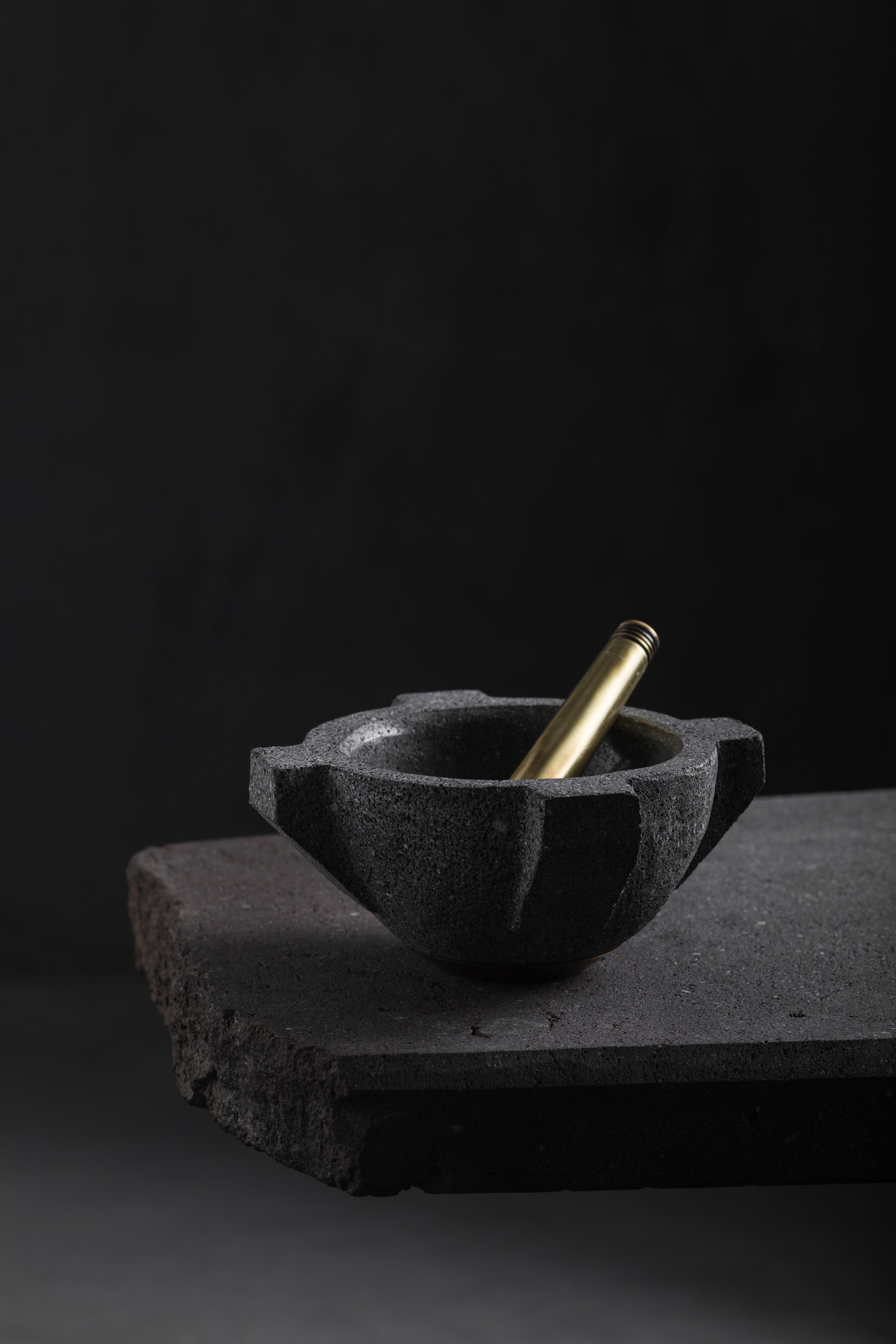 MORTERO Decorative Volcanic Stone Bowl with Bronze Details by ANDEAN, In Stock For Sale 1