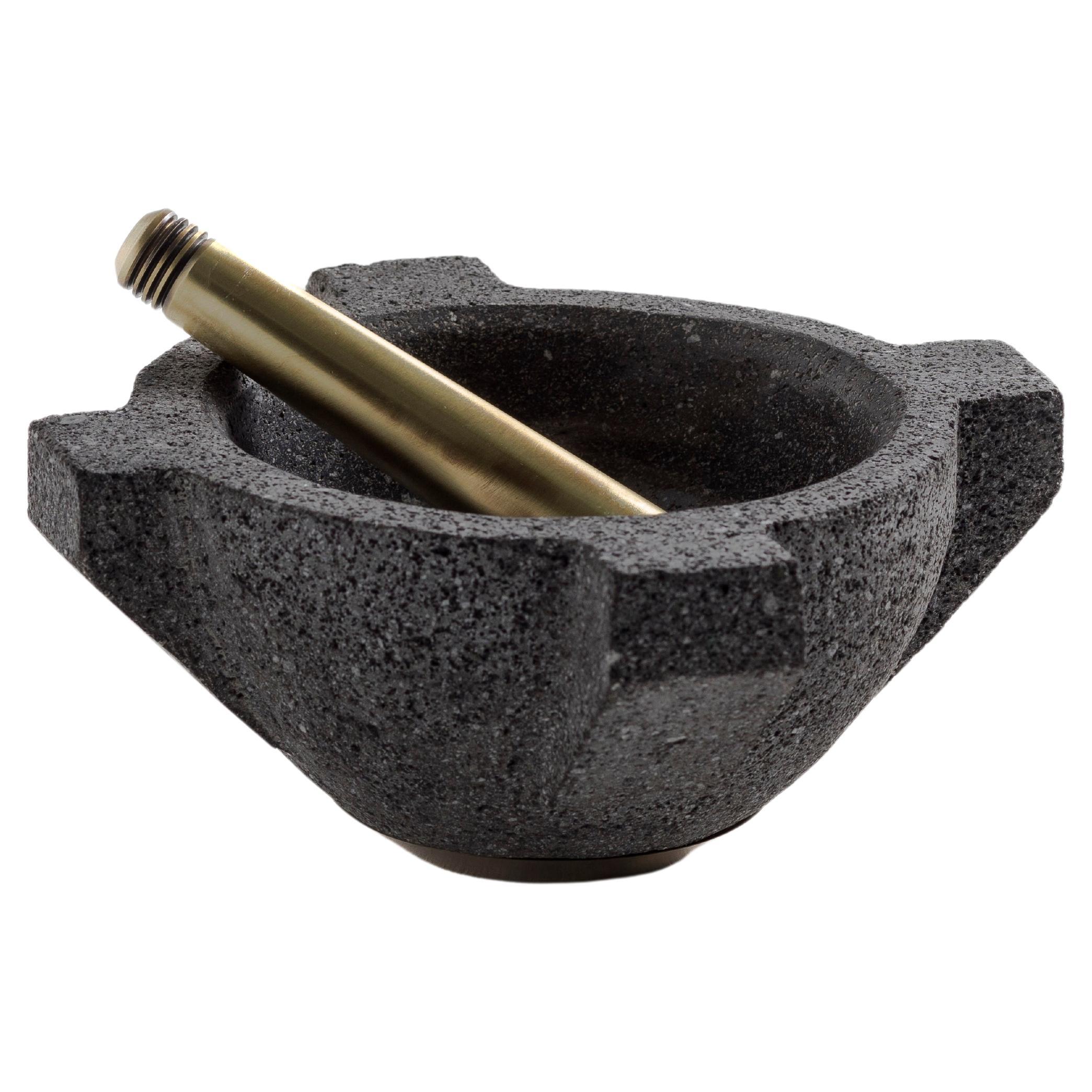 MORTERO Decorative Volcanic Stone Bowl with Bronze Details by ANDEAN, In Stock For Sale